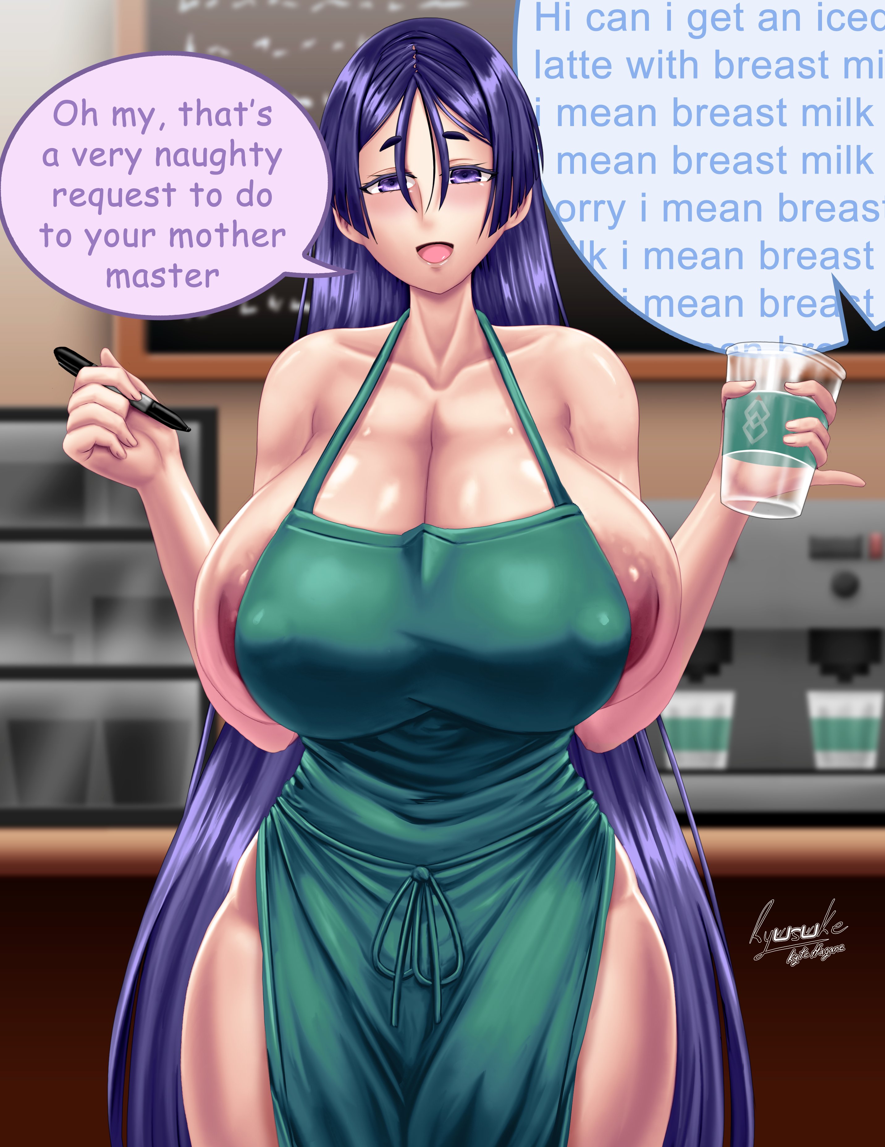 1girls, big breasts, breasts, breasts bigger than head, busty, fate (series), fate/grand order, female, female only, hourglass figure, iced latte with breast milk, large breasts, light skin, light-skinned female, meme, milf, minamoto no raikou (fate/grand order), ryusuke kh (ryusuke kyte hagane), sideboob, solo, tagme, waitress, wide hips