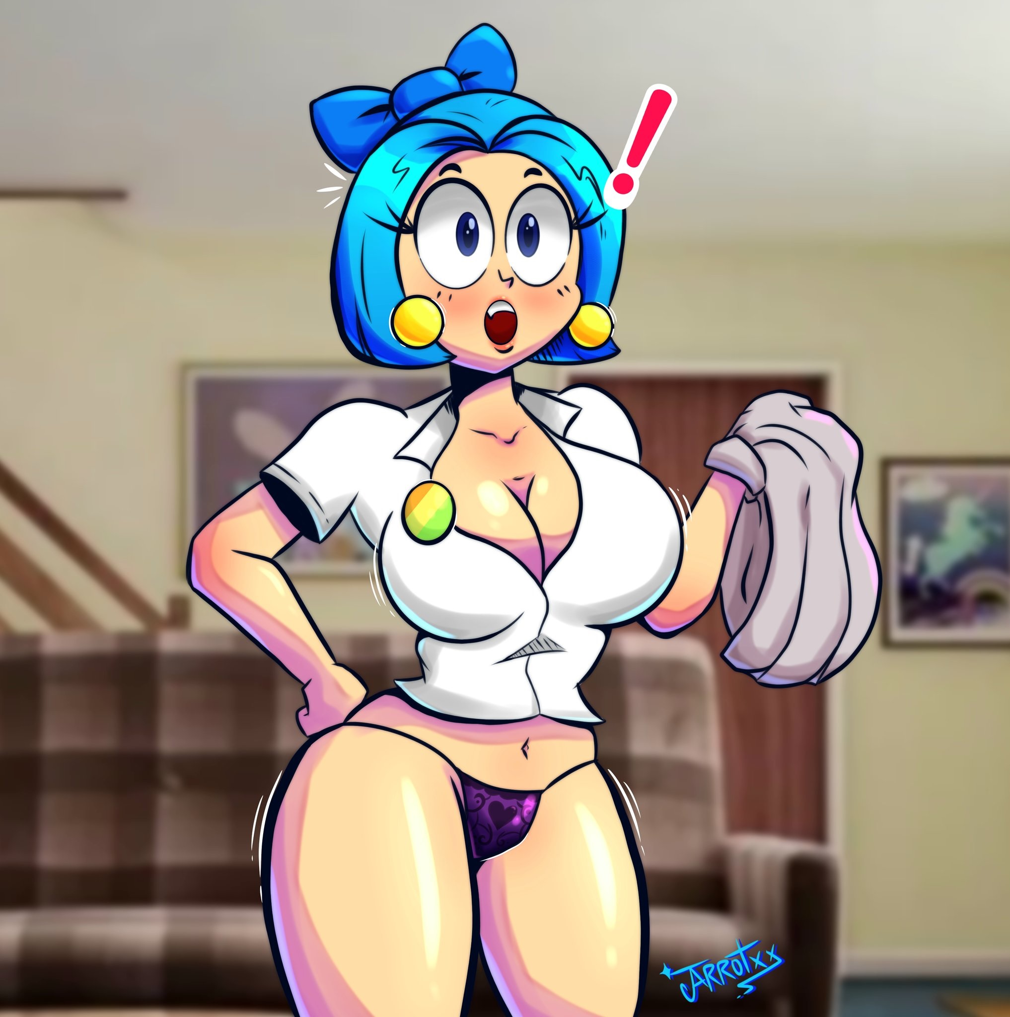 1girls, ass, big ass, big breasts, big butt, blue eyes, blue hair, blush, bob cut, breasts, cleavage, exclamation mark, eyelashes, female, human, humanized, jarrotxx, milf, nicole watterson, nicole watterson (human), no pants, oerba yun fang, open mouth, panties, purple panties, shirt, sole female, string panties, surprised, the amazing world of gumball, the amazing world of gumball (human), thick thighs, thin waist, voluptuous, white shirt