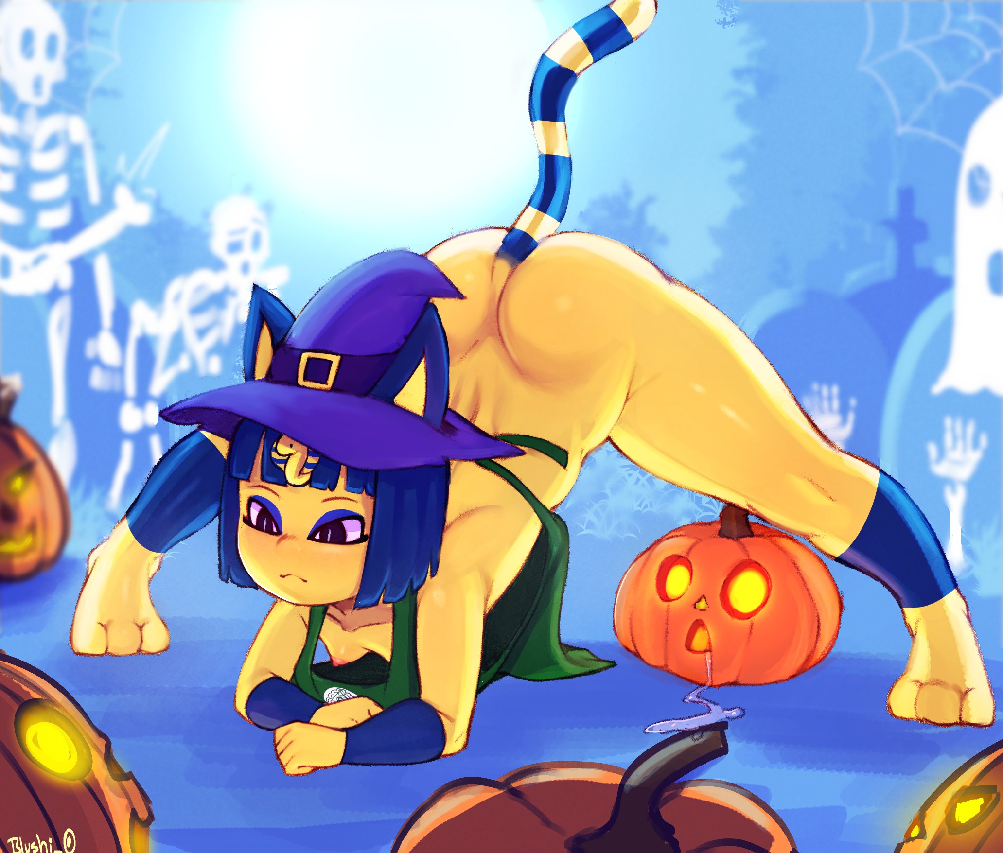 1girls, animal crossing, ankha, anklet, anthro, apron, apron only, areolae, ass, athletic, athletic female, blue hair, blushi 0, bracelet, breasts, bubble ass, bubble butt, cat ears, cat tail, downblouse, eyeshadow, female, female only, full body, fur, furry, halloween, hanging breasts, hourglass figure, jack-o pose, makeup, meme, nintendo, nipple slip, nipples, no bra, short hair, small breasts, splits, starbucks, yellow fur