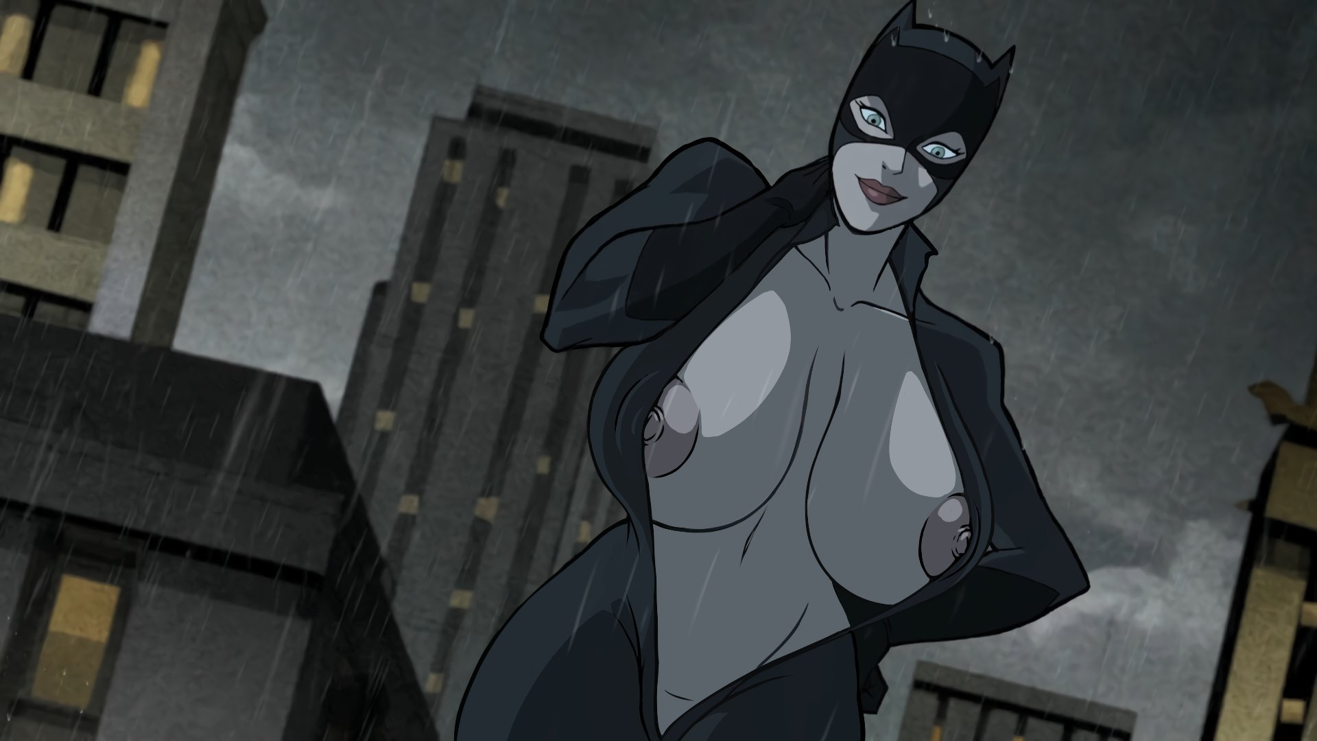 1girls, alternate breast size, batman (series), batman: the long halloween, big breasts, bodysuit, breasts, busty, catwoman, catwoman (tomorrowverse), cleavage, dc, dc comics, dcuaom, deep cleavage, edit, female, female focus, female only, giant breasts, gigantic breasts, hourglass figure, huge breasts, large breasts, lipstick, monkeyman (artist), nipples, screenshot edit, selina kyle, smile, tomorrowverse, unzipped, unzipped bodysuit, wide hips