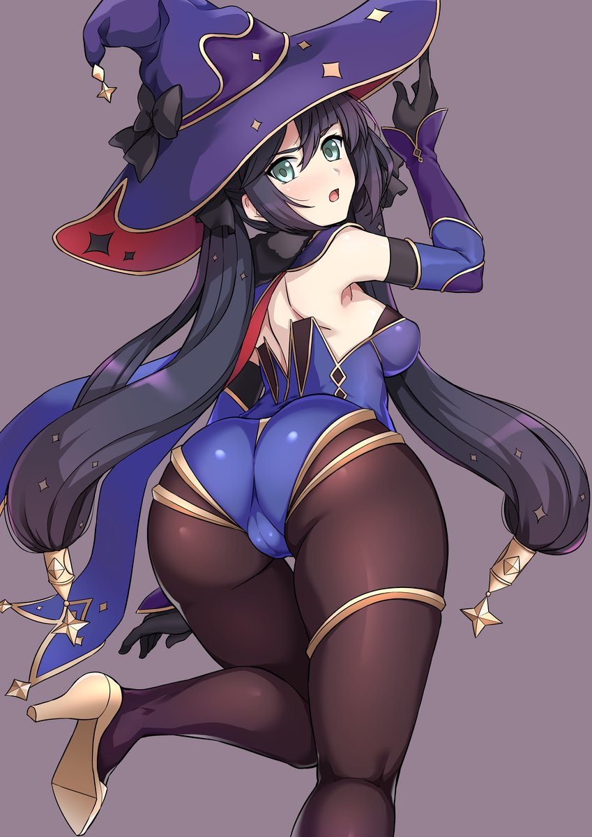 1girls, ass, back view, big ass, big butt, blush, breasts, female, female only, genshin impact, haruhisky, hat, heels, light skin, light-skinned female, long hair, looking at viewer, looking back, mona (genshin impact), purple background, shoes, sideboob, simple background, solid color background, solo, solo focus, tagme, thick ass, thick thighs, thighs, twintails, witch hat