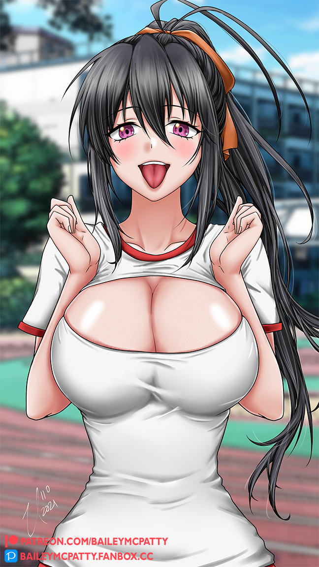 akeno himejima, baileymcpatty, big breasts, breasts, female, female focus, female only, high school dxd, light skin, light-skinned female, looking at viewer, open mouth, solo, solo female, suggestive, tongue, tongue out, voluptuous