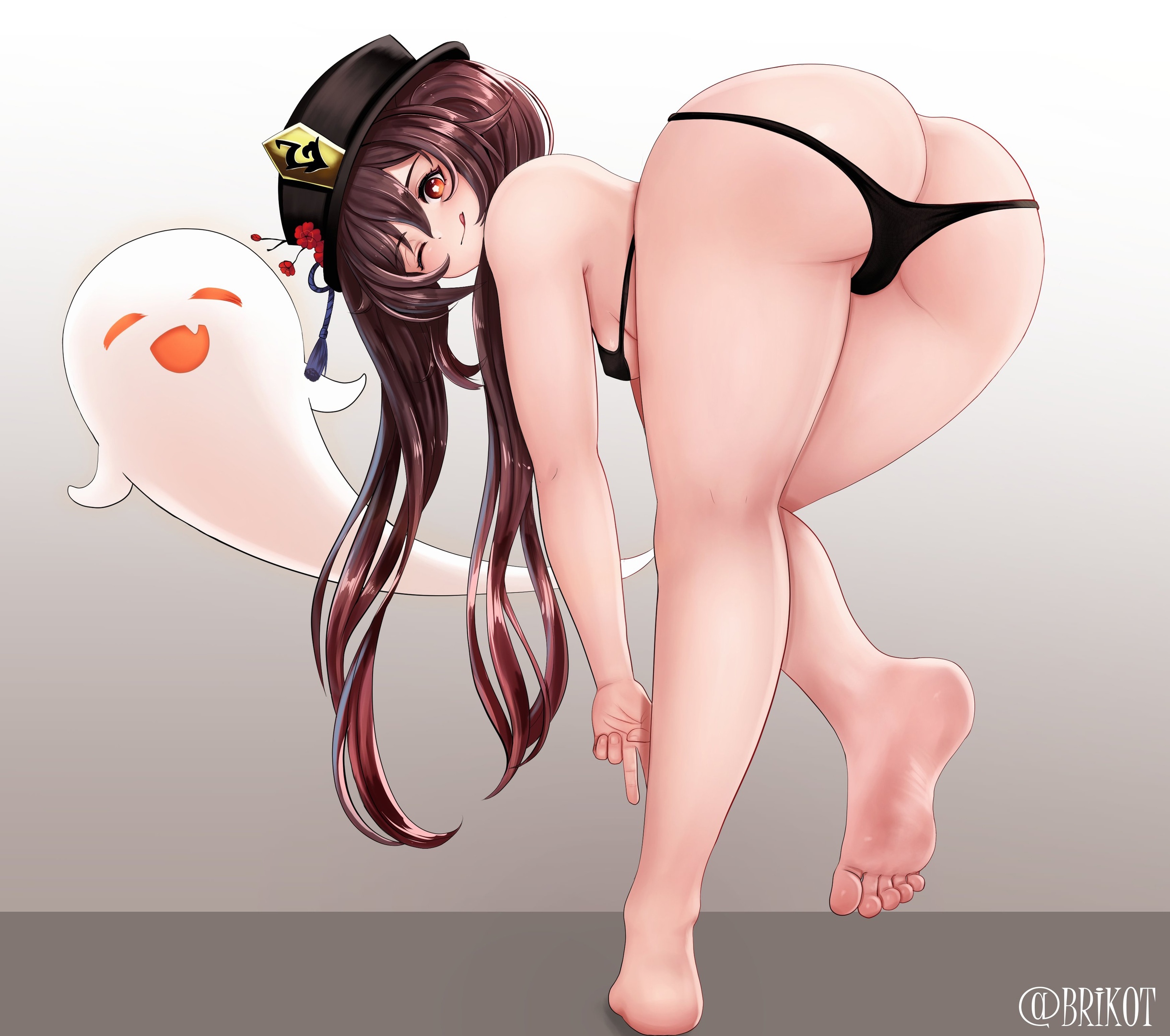ass, ass focus, barefoot, blush, feet, female, foot tease, genshin impact, higher resolution available, highres, hu tao (genshin impact), leaning forward, leg lift, one eye closed, panties, spread legs, tongue, underwear, wink