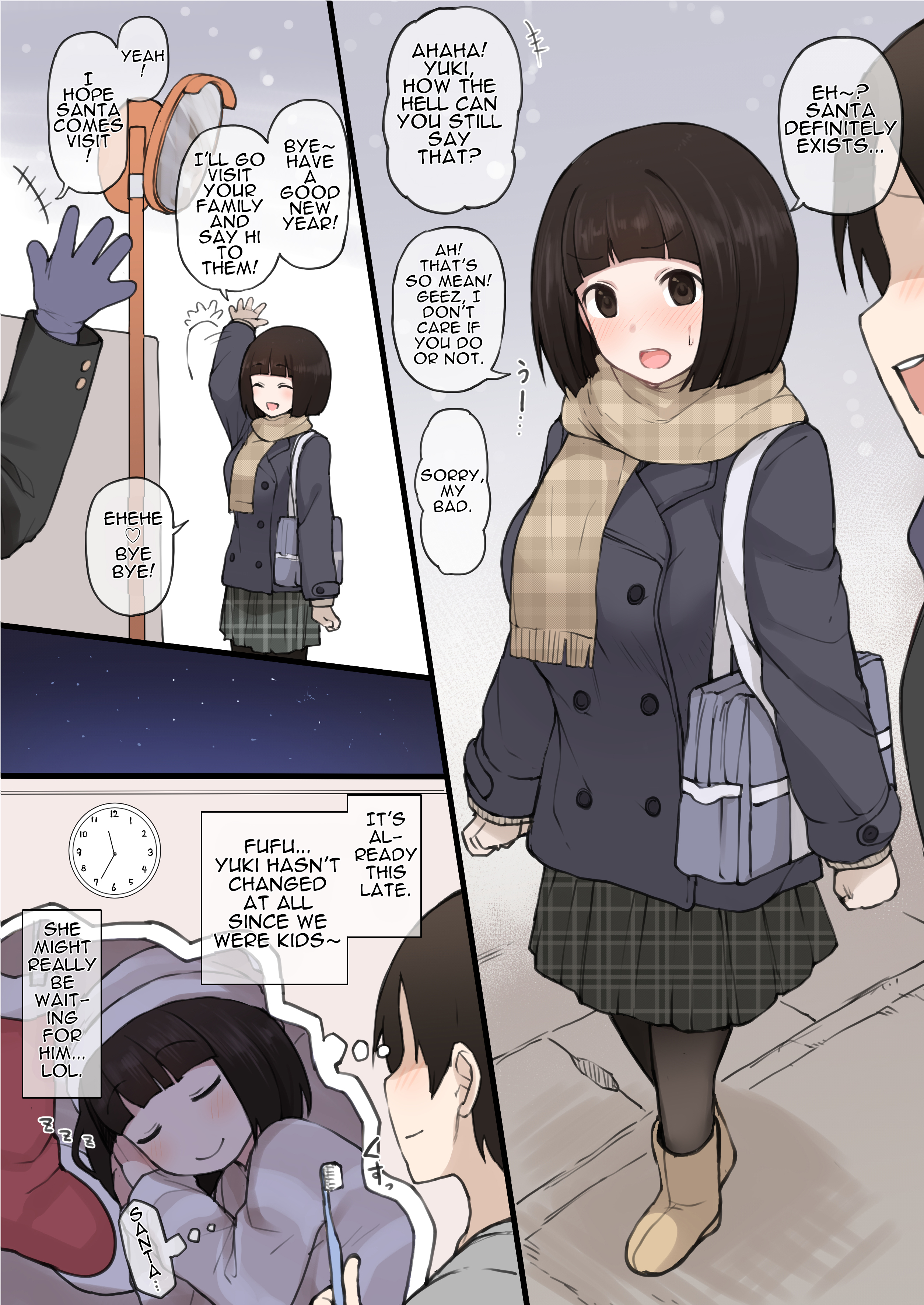 :), :d, 1boy, 1girls, arm up, bag, black hair, blush, bob cut, brown eyes, closed eyes, dialogue, doujinshi, english text, faceless, faceless male, female, full body, gloves, looking at another, looking at viewer, male, no eyes, ntr, open mouth, original, sleeping, speech bubble, terasu mc, text, thinking, translated, zzz