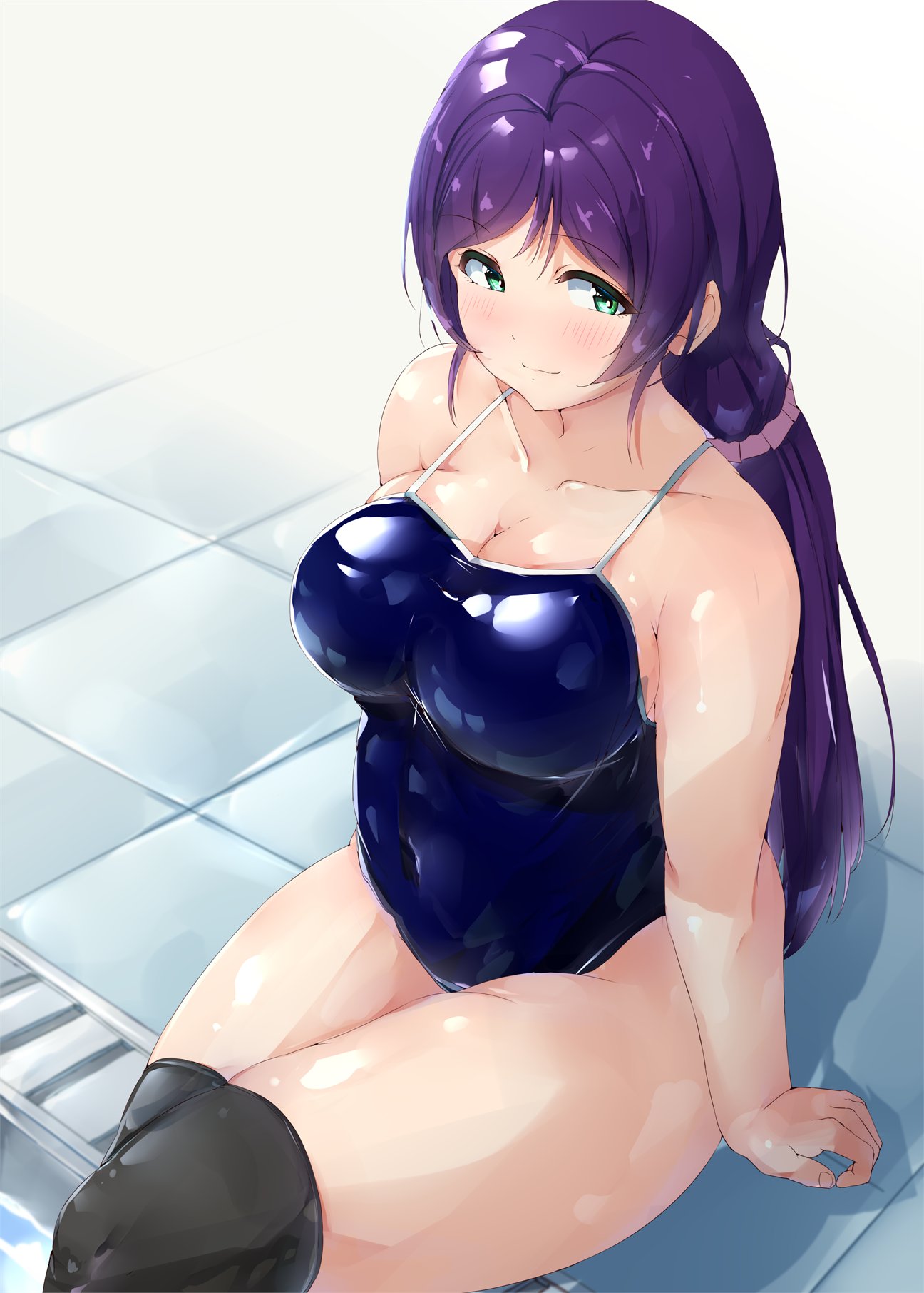 1girls ass belly_button big_breasts breasts female female_only green_eyes hips kneehighs love_live! love_live!_school_idol_project one-piece_swimsuit pool purple_hair shinonon shinonon_(iso_shino) thick_thighs thighs tight_clothing toujou_nozomi water