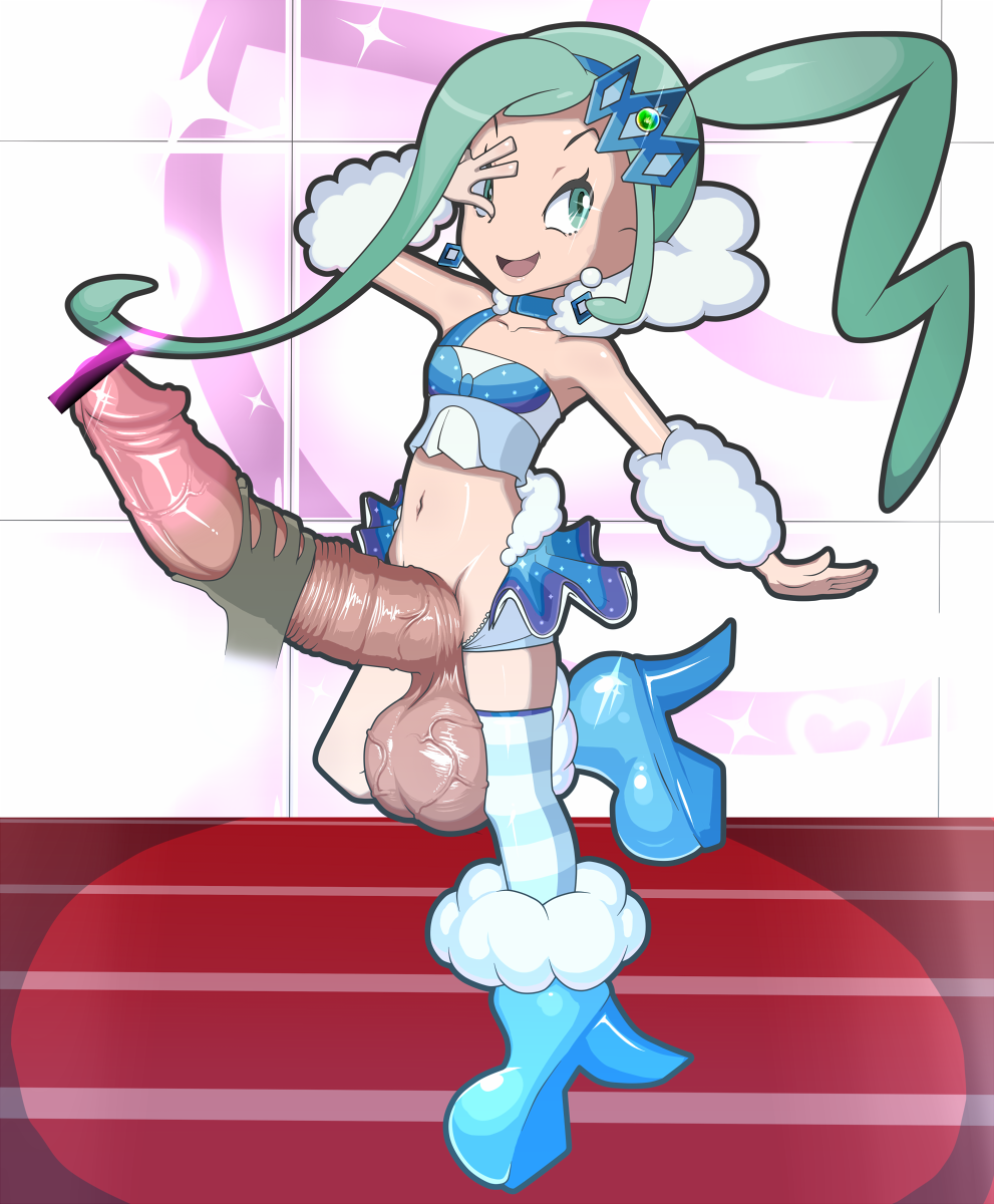 1futa a- balls bottomless breasts clothed clothing detached_sleeves disembodied_hand earrings erection flat_chest futa_only futanari green_eyes green_hair handjob heels huge_balls huge_cock human hyper hyper_penis light-skinned_futanari light_skin lisia_(pokemon) mostly_nude nintendo open_mouth pale_skin penis pokemon pokemon_oras retracted_foreskin solo solo_futa standing striped_legwear uncut veiny_balls veiny_penis