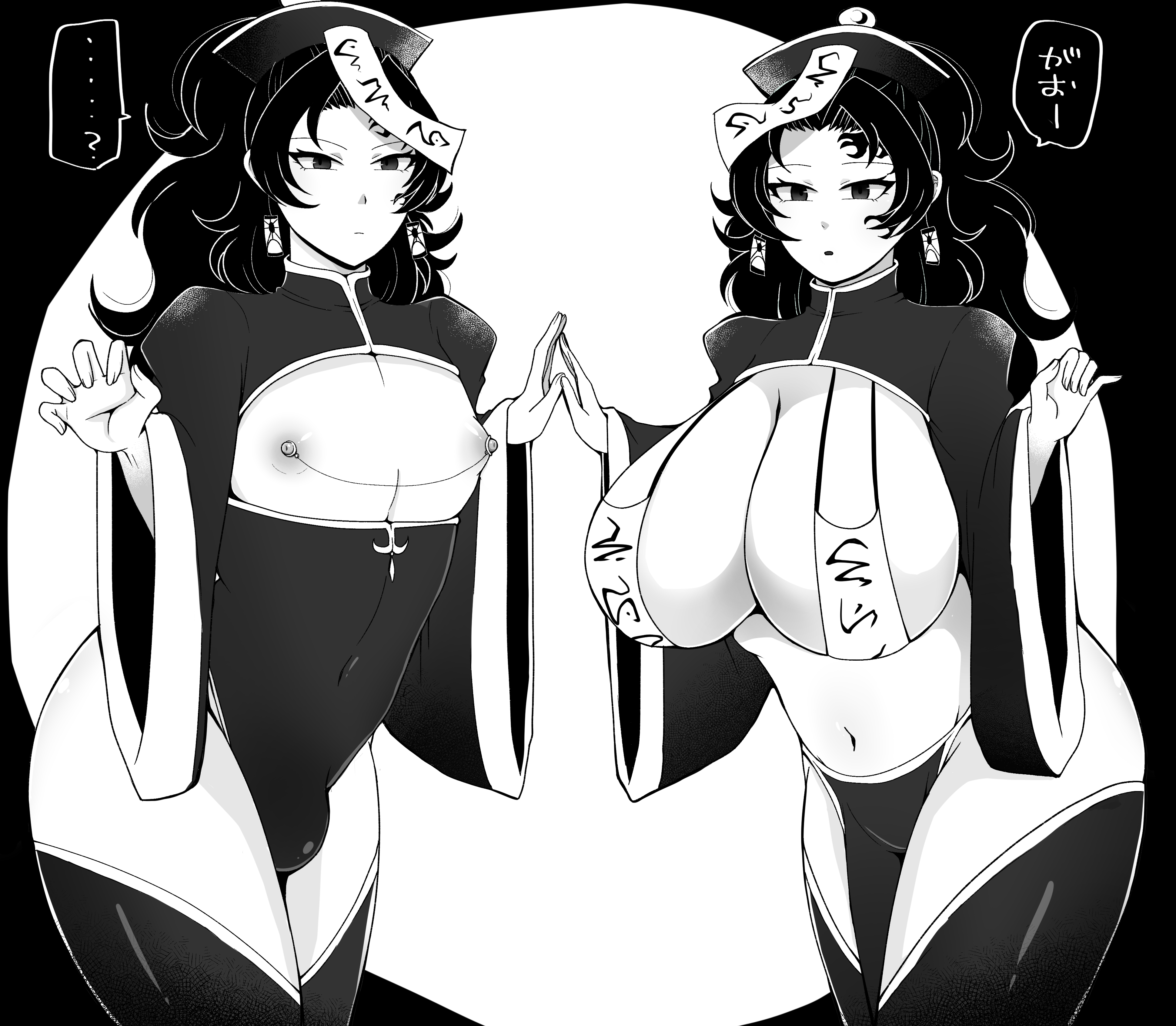 1boy, 1girls, big breasts, bikini, bikini top, boob window, both sexes in same situation, breasts, bulge, chinese clothes, cleavage, cleavage cutout, crop top, demon slayer, dual persona, earrings, facial mark, female, femboy, genderswap, genderswap (mtf), hat, huge breasts, jiangshi, kimetsu no yaiba, loincloth, male, monochrome, nipple chain, nipple piercing, nipples, piercing, rule 63, thighhighs, yoriichi tsugikuni, yukichi100yu