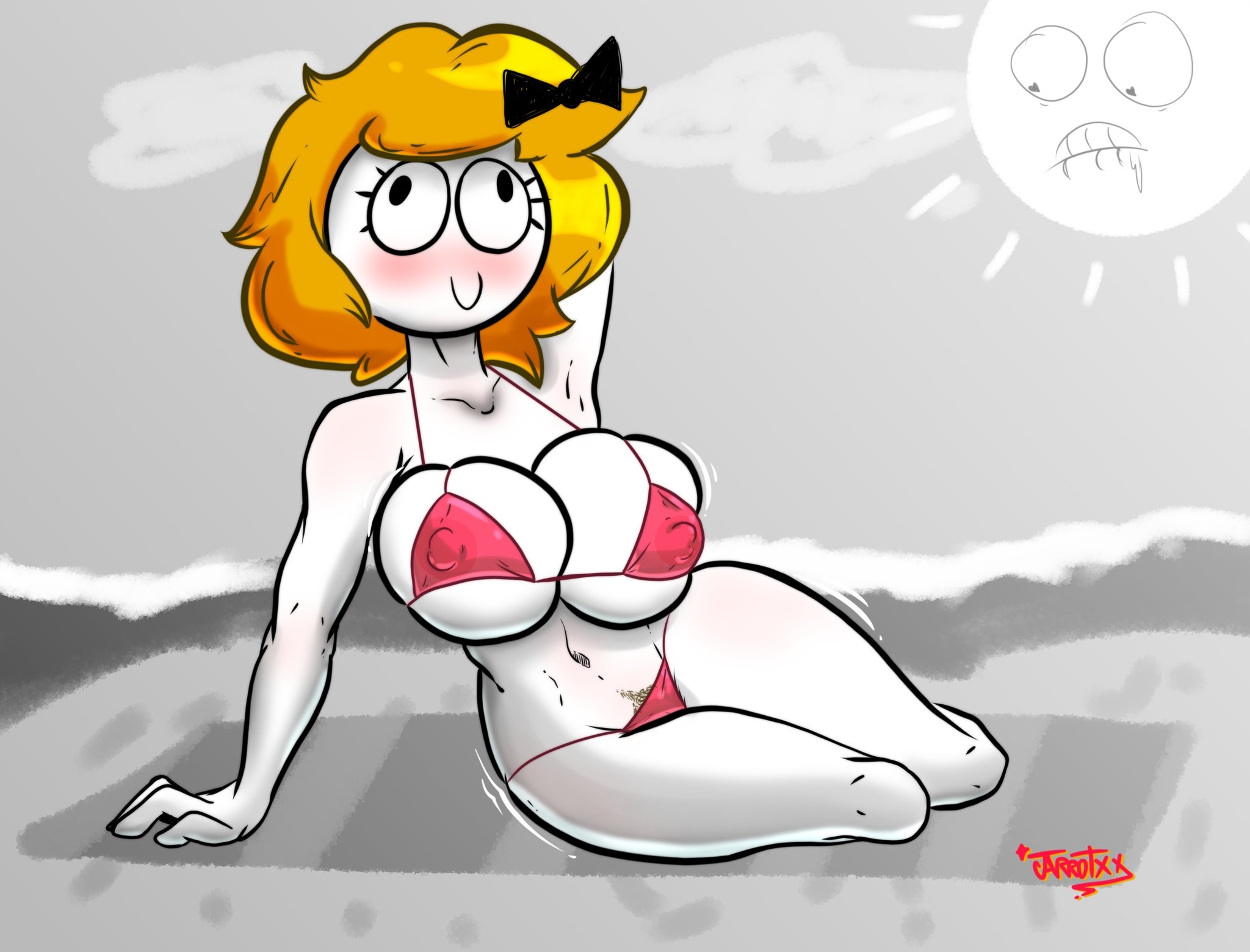 beach, bikini, black bow, blonde hair, blush, derp eyes, derpina, female, jarrotxx, meme, nipple bulge, pubic hair, pussy, rage comics, red bikini, resting, smile, sole female, sun, unshaved pussy, white skin