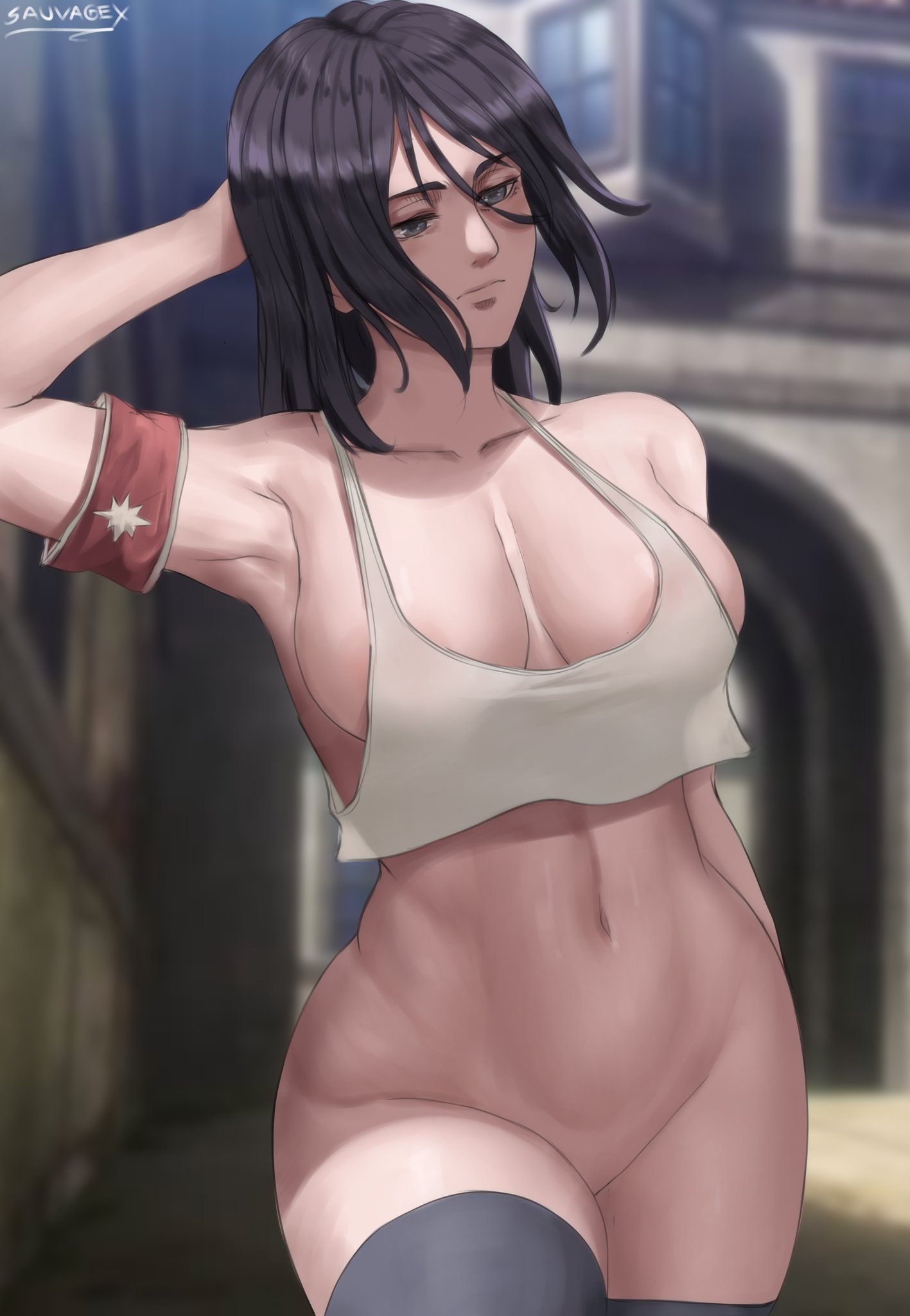 1girls, armpits, attack on titan, black hair, bottomless, breasts, female, large breasts, long hair, oroborusart, pieck finger, savagexthicc, shingeki no kyojin, standing, thick thighs, thighhighs, wide hips