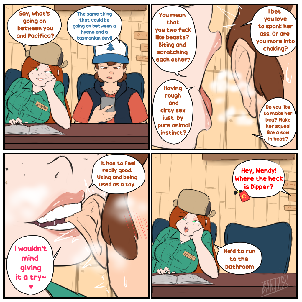 1boy 1boy1girl 1girls banjabu baseball_cap close-up clothed_female clothed_male comic dipper_pines dirty_talk disney disney_channel ear_biting english_text freckles gravity_falls implied_fellatio implied_masturbation indoors nervous_sweat orange_hair pine_tree_(symbol) red_hair redhead sexually_suggestive smooth_skin teasing temptation text wendy_corduroy