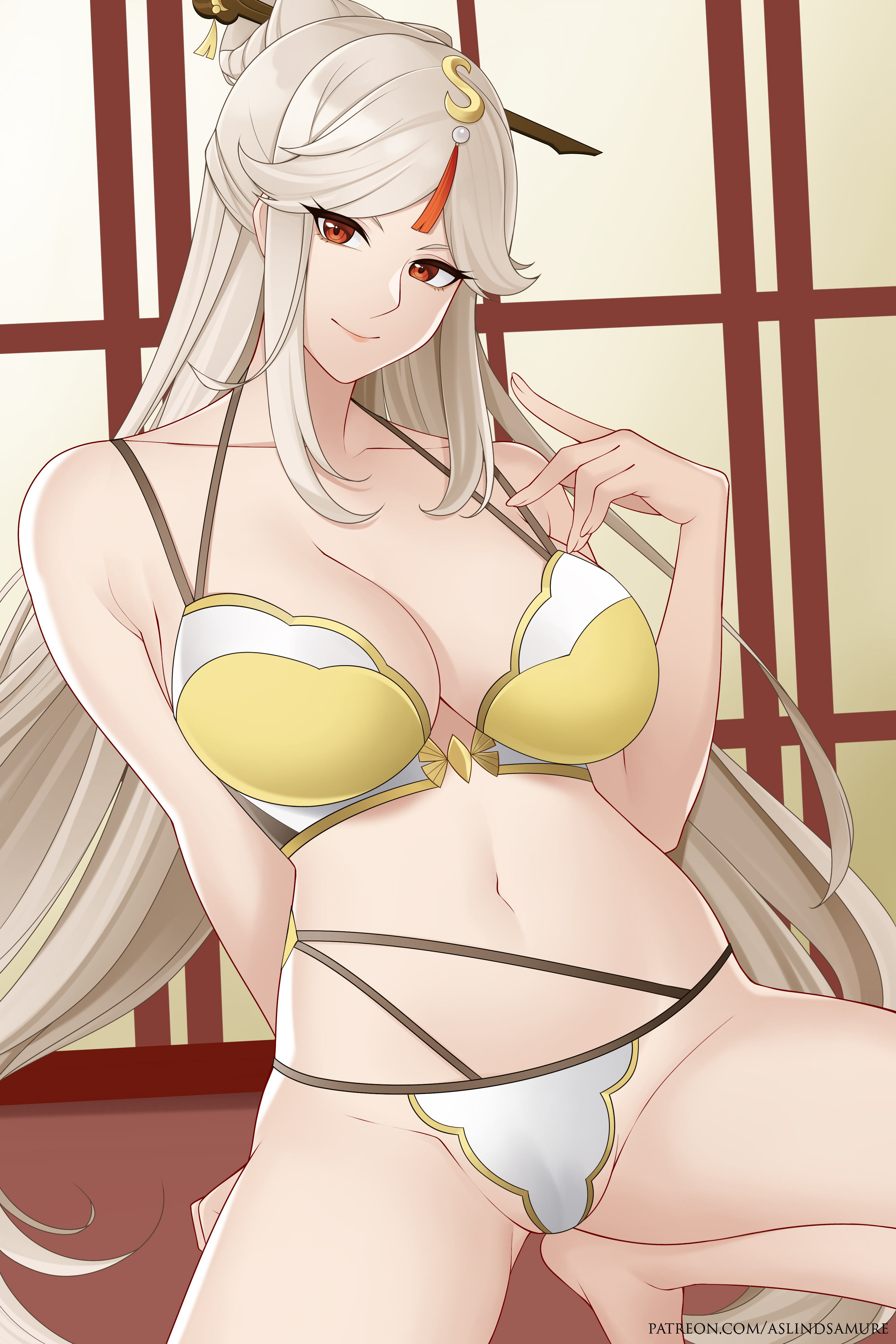 1girls, arm behind back, aslindsamure, big breasts, bra, bra strap, breasts, cameltoe, cleavage, collarbone, female, female focus, female only, genshin impact, gold trim, hair ornament, lingerie, long hair, looking at viewer, ningguang (genshin impact), platinum blonde hair, pussy, red eyes, solo, solo female, solo focus, squatting, straps, watermark