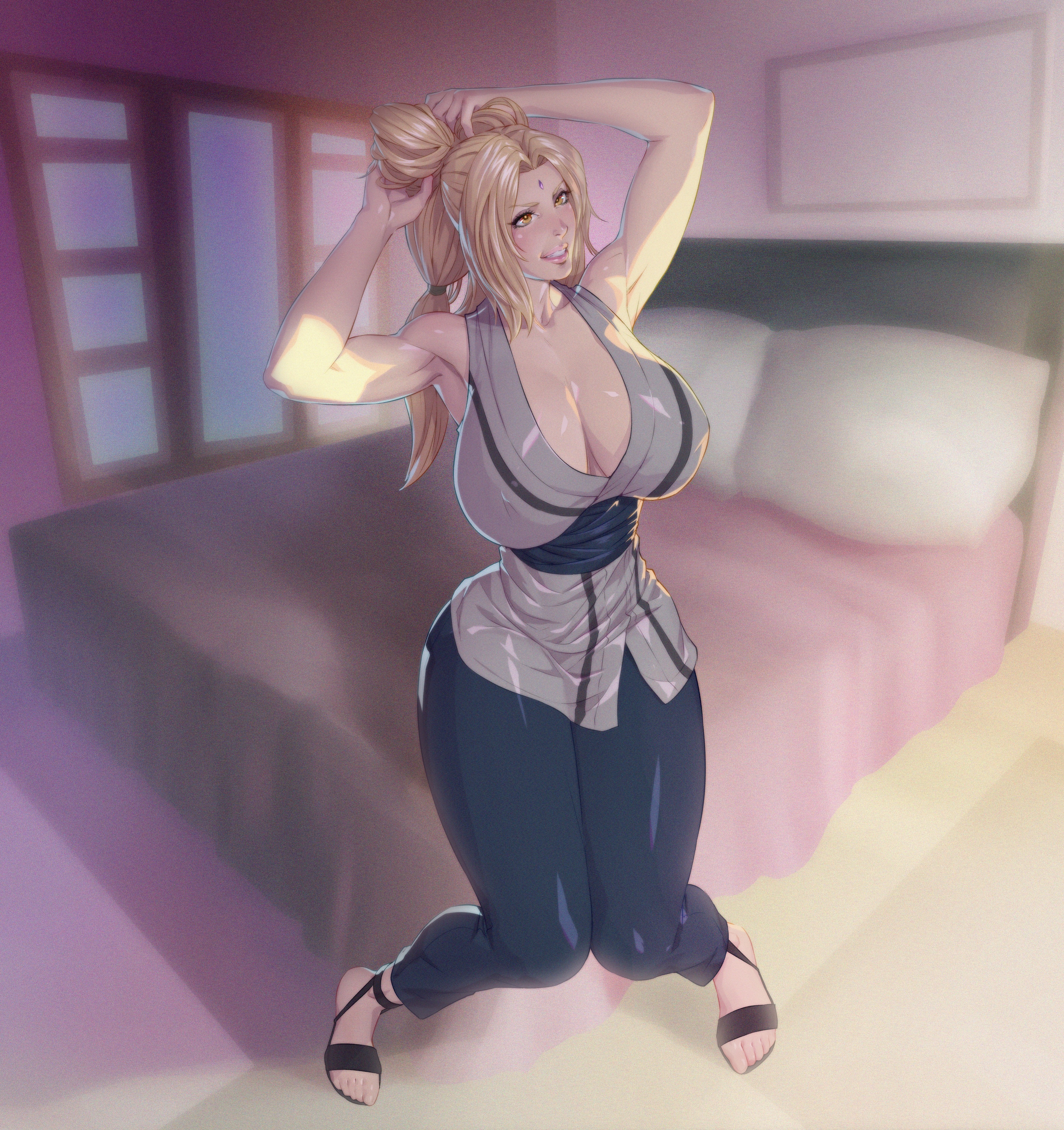 1girls, armpit fetish, armpits, arms up, arttoru, blonde hair, breasts, brown eyes, cleavage, female, female only, fetish, forehead jewel, fully clothed, hourglass figure, huge breasts, long hair, milf, naruto, naruto (series), solo, tight clothing, tsunade