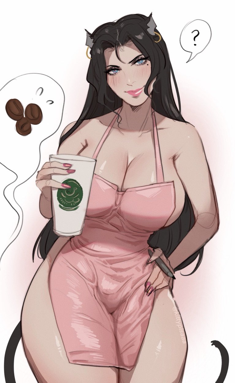 1girls, apron, beauty mark, big breasts, black hair, blue eyes, blush, breasts, cat ears, cat tail, cleavage, coffee, female, female focus, iced latte with breast milk, kittyplsaaa, large breasts, lipstick, long hair, long nails, looking at viewer, meme, nail polish, naked apron, original, original character, pink lipstick, pink nail polish, thick thighs, thighs, very long hair, white background