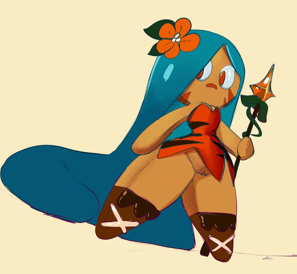 1girls, bottomless, clothed, clothing, cookie run, female, female only, hexanne, humanoid, low-angle view, mostly clothed, pussy, solo, standing, tiger lily cookie, upskirt