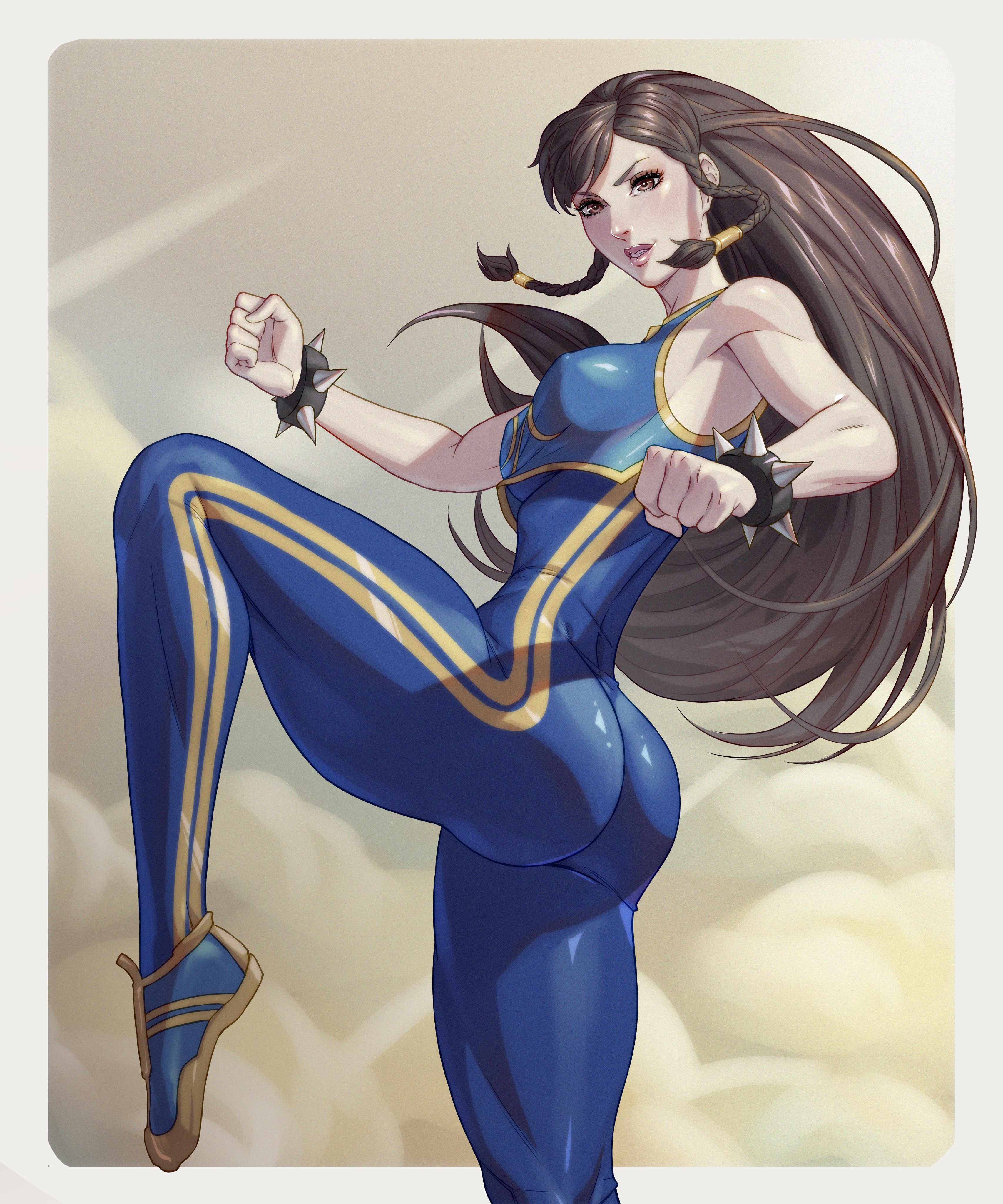 1girls, action pose, alternate hairstyle, arttoru, ass, ass focus, athletic, athletic female, bodysuit, breasts, brown hair, chun-li, clouds, female, kicking, leggings, long hair, looking at viewer, skinny, solo, street fighter, thick thighs, tight clothing, video games, white skin