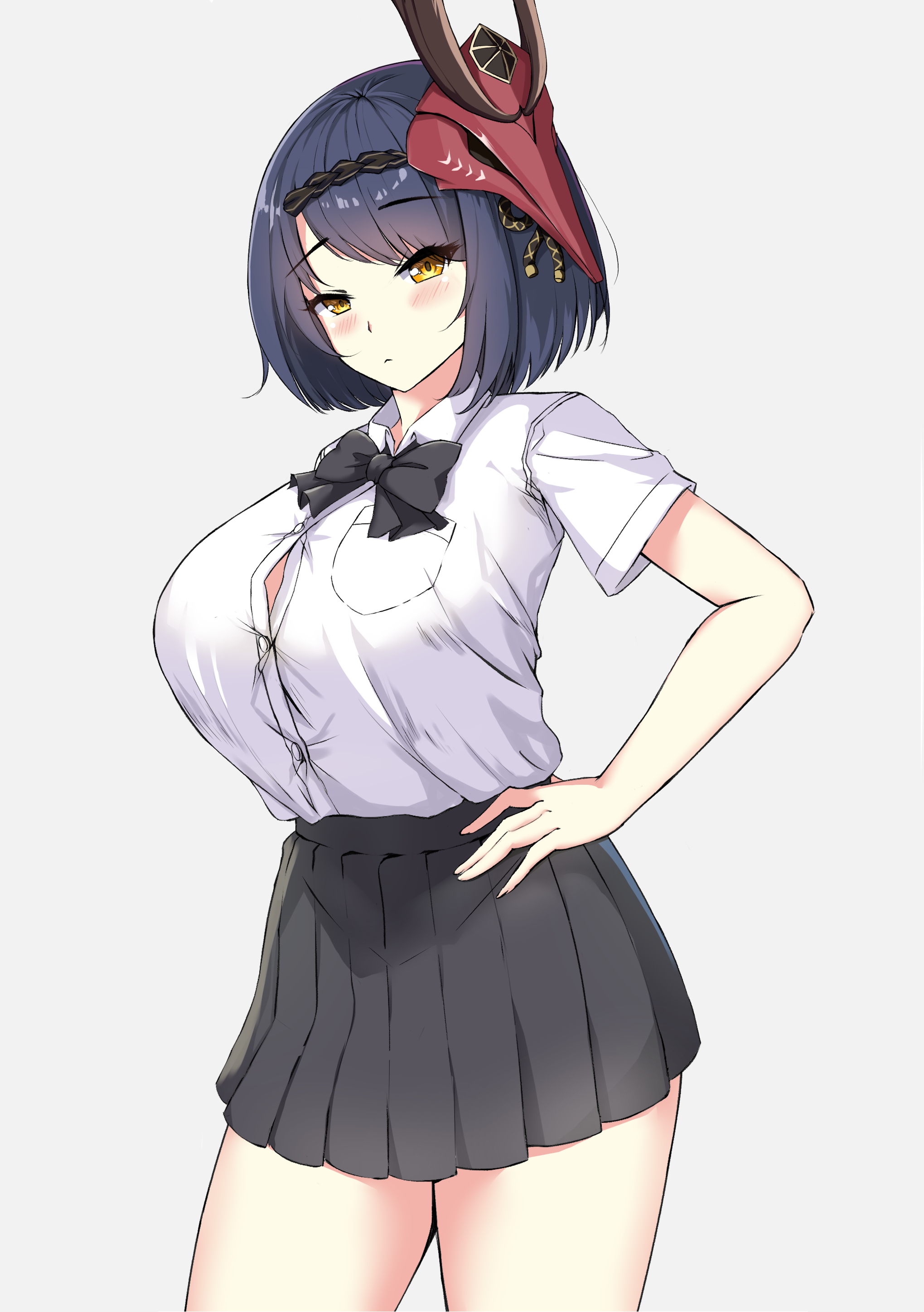 :<, 1girls, 2021, absurd res, alternate costume, ara ara, bare arms, bird mask, black hair, blush, bob cut, bow, bowtie, breast pocket, breasts, button gap, clothed, clothing, eyebrows visible through hair, eyes visible through hair, female, female only, fully clothed, genshin impact, grey background, hand on hip, highres, huge breasts, joshi kōsei rich thots, kujou sara, large breasts, line4x, looking at viewer, mask, mask on head, parody, pleated skirt, school uniform, shirt, short hair, simple background, skirt, solo, standing, thick thighs, thighs, uniform, yellow eyes