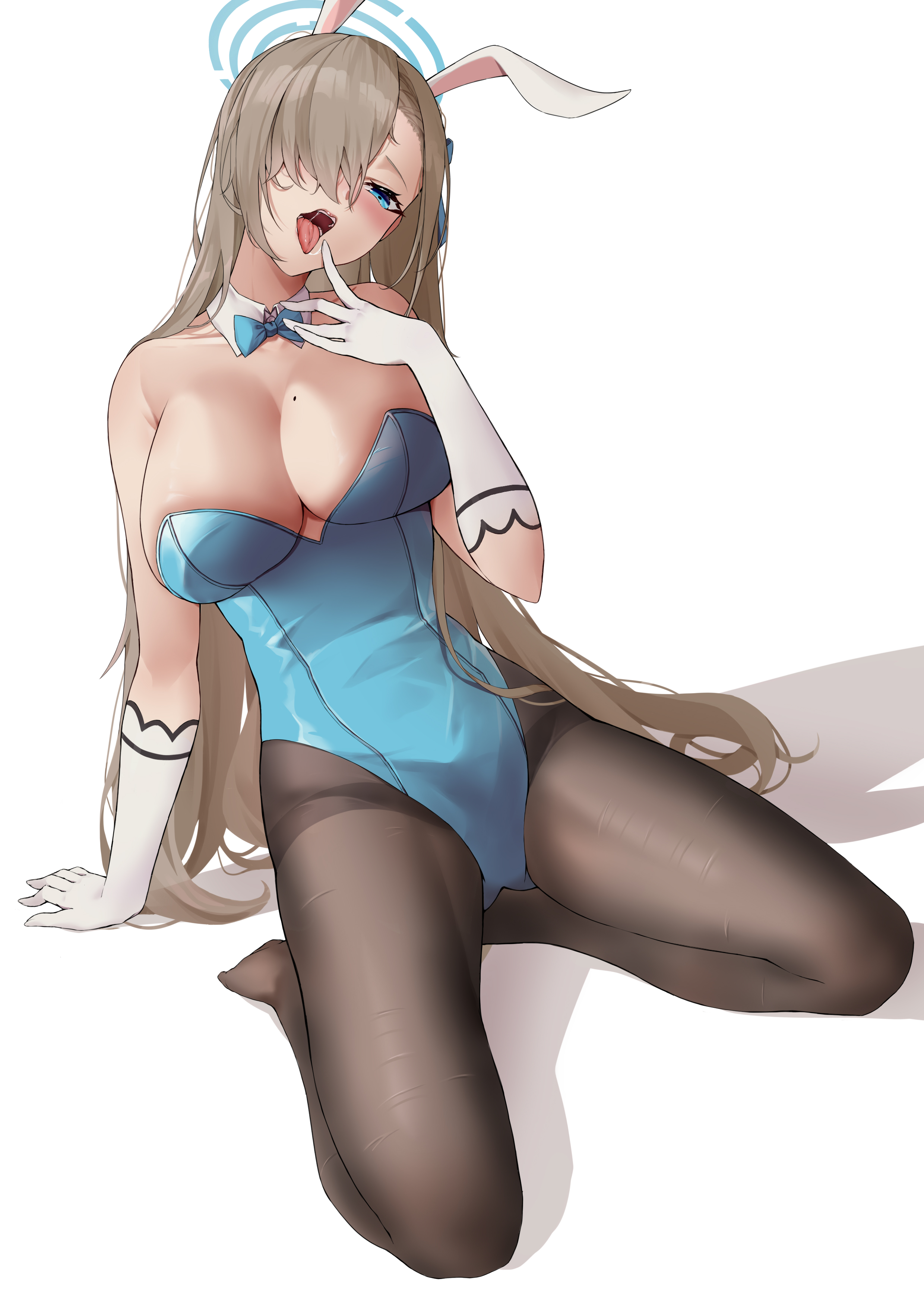 1girls, arm support, asuna (blue archive), asuna (bunny) (blue archive), big breasts, blonde hair, blue archive, blue eyes, bowtie, breasts, bunny ears, cleavage, dark blonde hair, female, female only, hair over one eye, highres, large breasts, leotard, light skin, light-skinned female, long hair, millennium science school student, mole, mole on breast, open mouth, pantyhose, playboy bunny, saliva, sandy blonde, sandy blonde hair, simple background, sitting, solo, thighs, tongue, tongue out, very long hair, white background, white gloves, yukiaka