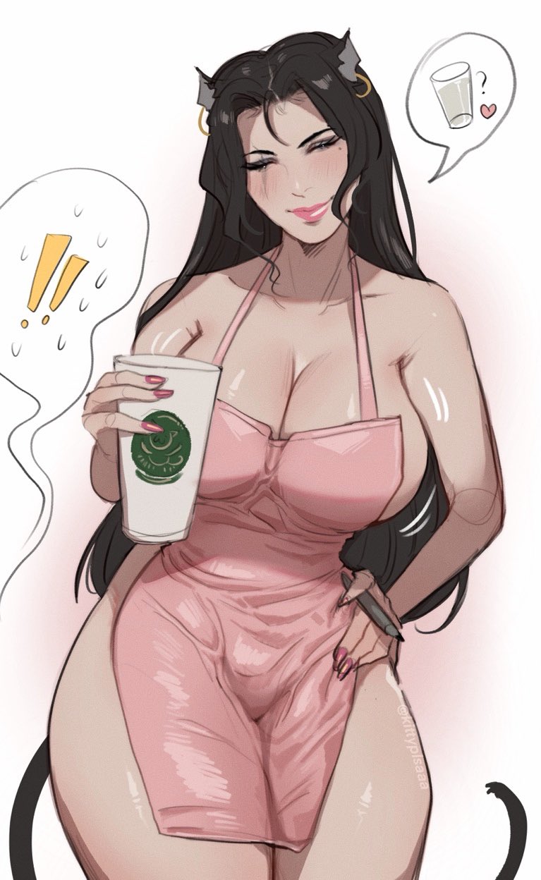 1girls, apron, beauty mark, big breasts, black hair, blue eyes, blush, breasts, cat ears, cat tail, cleavage, closed eyes, coffee, female, female focus, iced latte with breast milk, kittyplsaaa, large breasts, lipstick, long hair, long nails, looking at viewer, meme, milk, nail polish, naked apron, original, original character, pink lipstick, pink nail polish, scar across eye, thick thighs, thighs, very long hair, white background