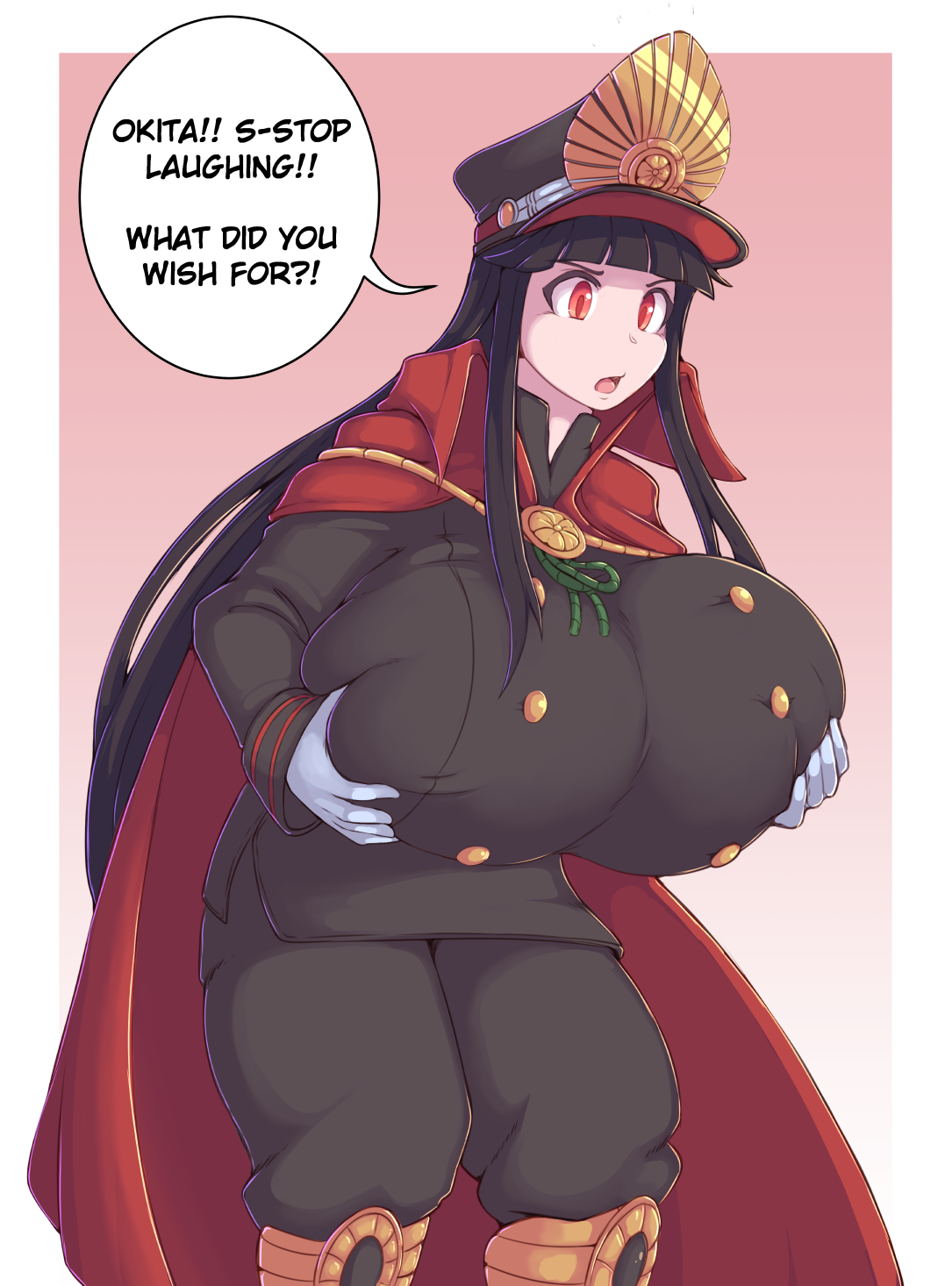 1girls, breasts, cleavage, fate (series), fate/grand order, female, female only, holding breast, huge breasts, kittenboogers, oda nobunaga (fate), solo, speech bubble, text