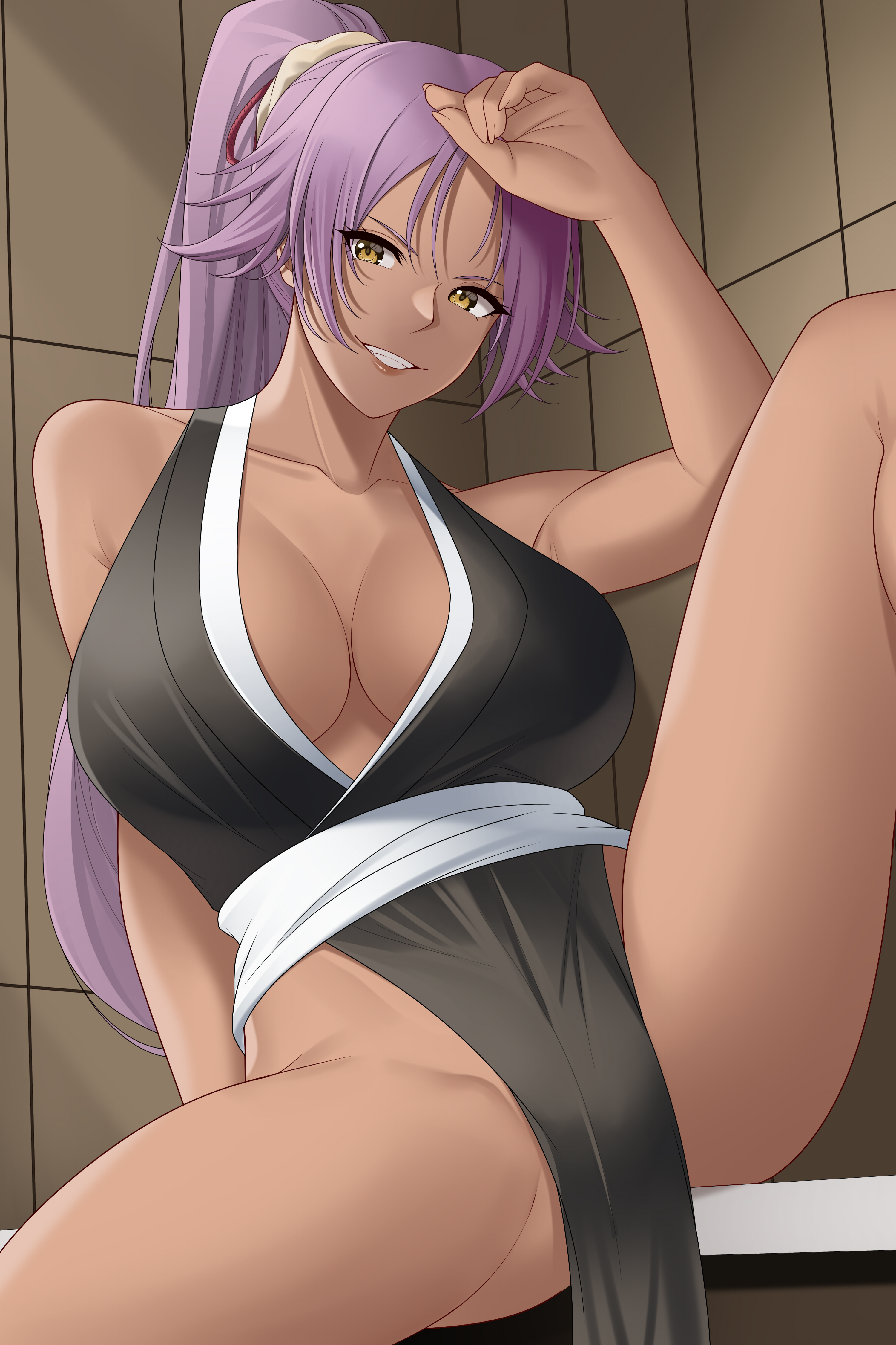 1girls, arm behind back, aslindsamure, bangs, big breasts, bleach, breasts, cleavage, clothed, collarbone, female, female focus, female only, hair tie, hand on forehead, leaning on hand, leg up, legs apart, legs spread, long hair, long ponytail, looking at viewer, ponytail, purple hair, shihouin yoruichi, sitting, sitting on bench, smile, smiling, solo, solo female, solo focus, yellow eyes