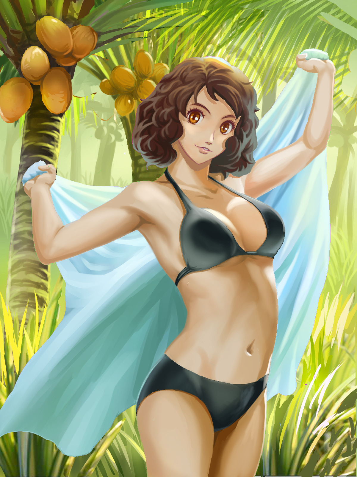 akatsuki hikaru, atlus, brown eyes, brown hair, female, outdoors, outside, persona, persona 5, sadayo kawakami, swimsuit, white skin