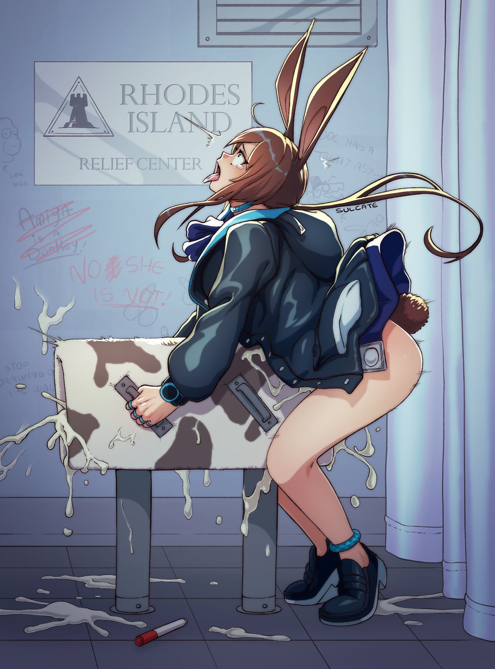 1futa, ahe gao, amiya (arknights), arknights, artificial vagina, ass, blush, bottomless, breasts, breeding mount, breeding mount use, clothed, clothing, cum, ejaculation, excessive cum, futa only, futanari, humanoid, intersex, light skin, light-skinned futa, masturbation, open mouth, orgasm, pale skin, partially clothed, sex toy, solo, standing, sulcate, tears, tongue, tongue out, wide eyed