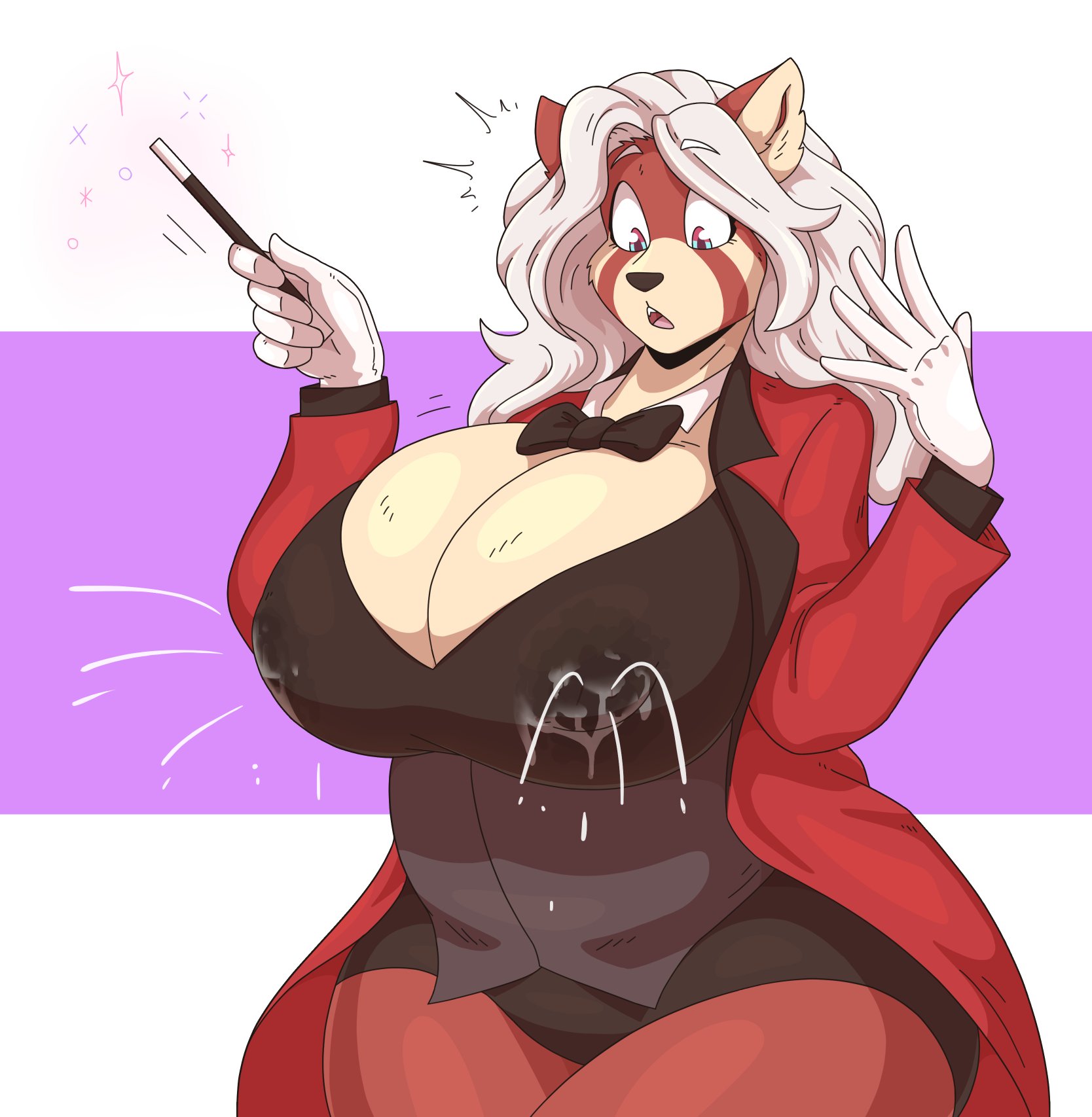 1girls, animal ears, anthro, big breasts, black nose, blue eyes, breasts, female, female only, fur, furry, furry only, gloves, hi res, lactation, lactation through clothes, long hair, looking at breasts, looking down, magic wand, magician, slightlysimian, solo, solo female, suit, thick thighs, white hair
