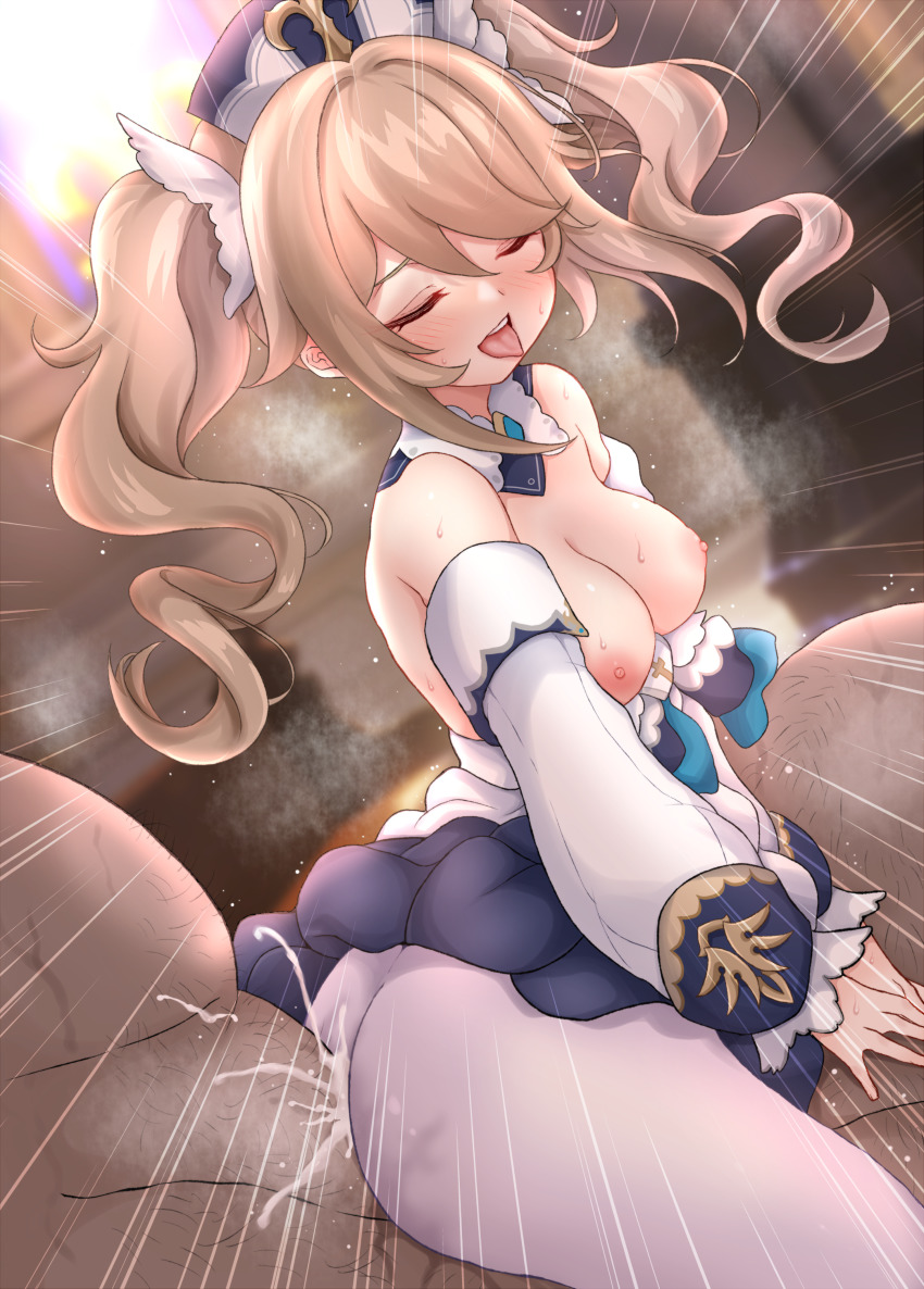 1girls, 2boys, absurdres, ass, barbara (genshin impact), bare shoulders, blonde hair, blush, breasts, breasts out, church, closed eyes, clothed female nude male, clothed sex, clothes lift, cowgirl position, cum, cum in pussy, daram (shappydude), double penetration, dress, drill hair, ejaculation, fat male, female, genshin impact, group sex, hair ornament, highres, long sleeves, lying, male, medium breasts, motion lines, multiple boys, multiple males, nipples, nude, nun, on back, open mouth, pantyhose, pussy, pussy juice, sex, skirt, skirt lift, straddling, sweat, threesome, tongue, tongue out, twin drills, twintails, white dress, white headwear, white legwear