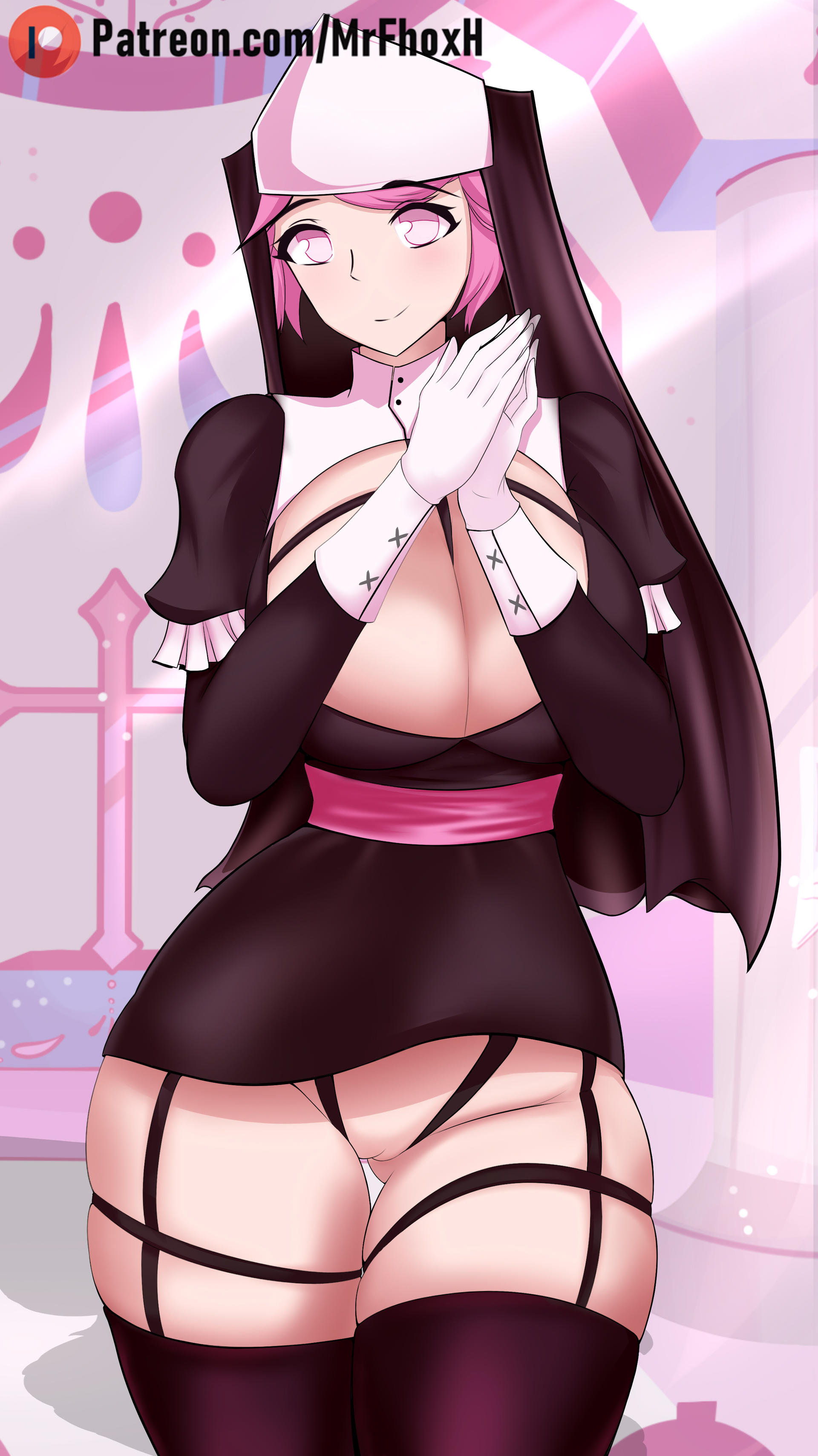big breasts, big thighs, breasts, female, female only, friday night funkin, gloves, humanized, legwear, mid-fight masses, mrfhoxh, nun, nun outfit, pink eyes, pink hair, praying, pussy, sarvente (dokki.doodlez), smile, solo