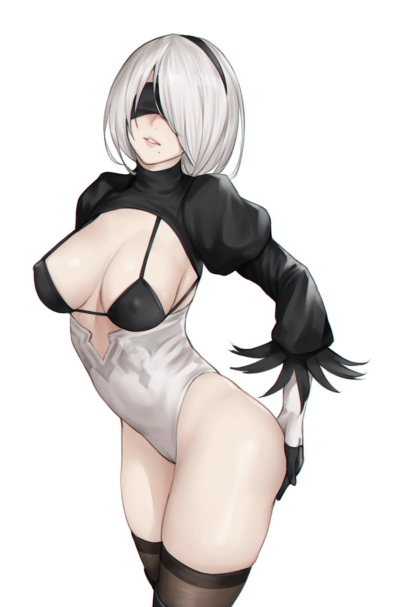 1girls, android, bangs, beauty mark, black hairband, black legwear, blindfold, breasts, erect nipples, female, female only, gloves, hairband, highleg leotard, highres, kuronerinka, leotard, light skin, light-skinned female, long sleeves, mole under mouth, nier (series), nier: automata, nipples, pale skin, pale-skinned female, solo, thighhighs, thighs, white background, white hair, yorha 2b
