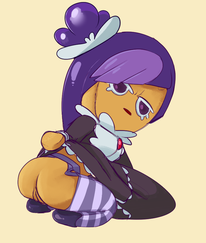 1girls ass back back_view blackberry_cookie bottomless clothed clothing cookie cookie_run cookiephilia deadpan female female_only hexanne humanoid light-skinned_female looking_back maid_uniform partially_clothed purple_eyes purple_hair pussy squatting striped_legwear striped_thighhighs thighhighs unamused upskirt