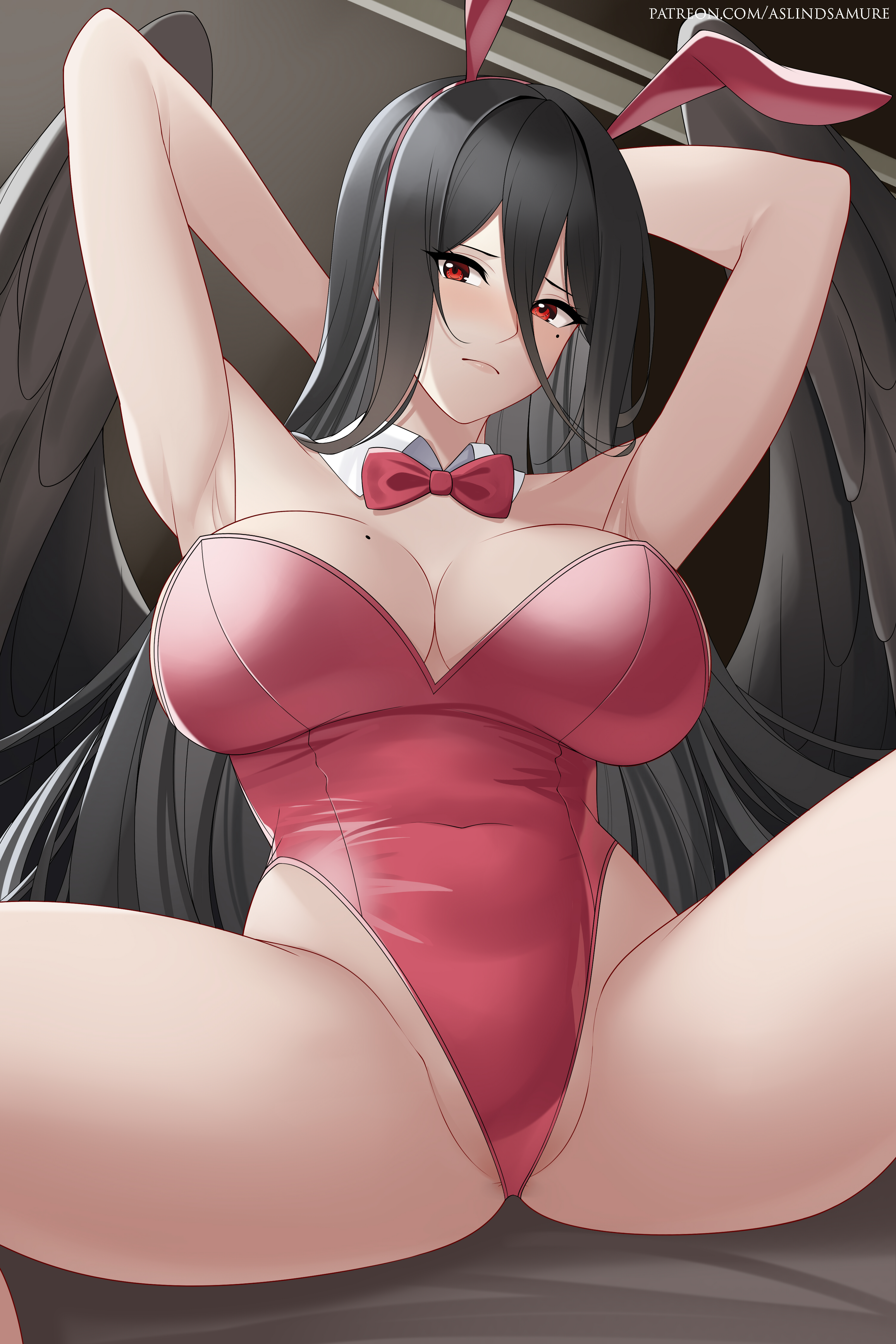 1girls, arms behind head, aslindsamure, beauty mark, big breasts, bird wings, black hair, black wings, blue archive, blush, bowtie, breasts, bunny ears, bunnysuit, cleavage, clothed, collar, female, female focus, female only, hasumi (blue archive), legs apart, legs spread, leotard, long hair, looking back, red eyes, shiny hair, solo, solo female, solo focus, trinity general school student, watermark