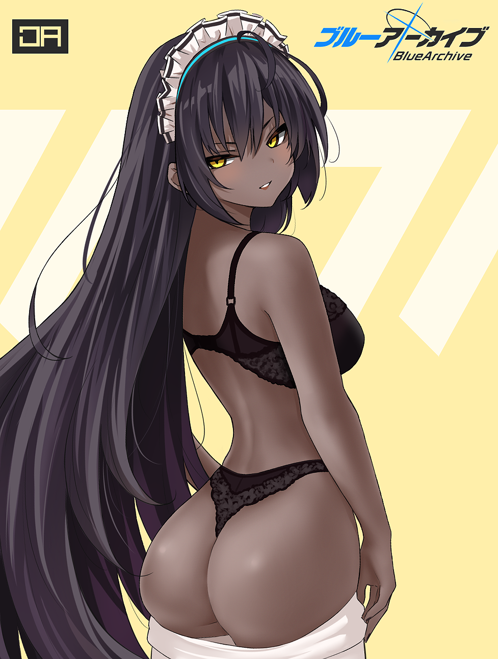 1girls artist_logo ass black_bra black_hair black_panties blue_archive blush bra cleaning_&_clearing_(blue_archive) dark-skinned_female dark_skin female highres j_adsen karin_(blue_archive) lace lace_bra lace_panties long_hair looking_back maid_headdress millennium_science_school_student panties smile thong underwear undressing very_long_hair white_legwear yellow_eyes