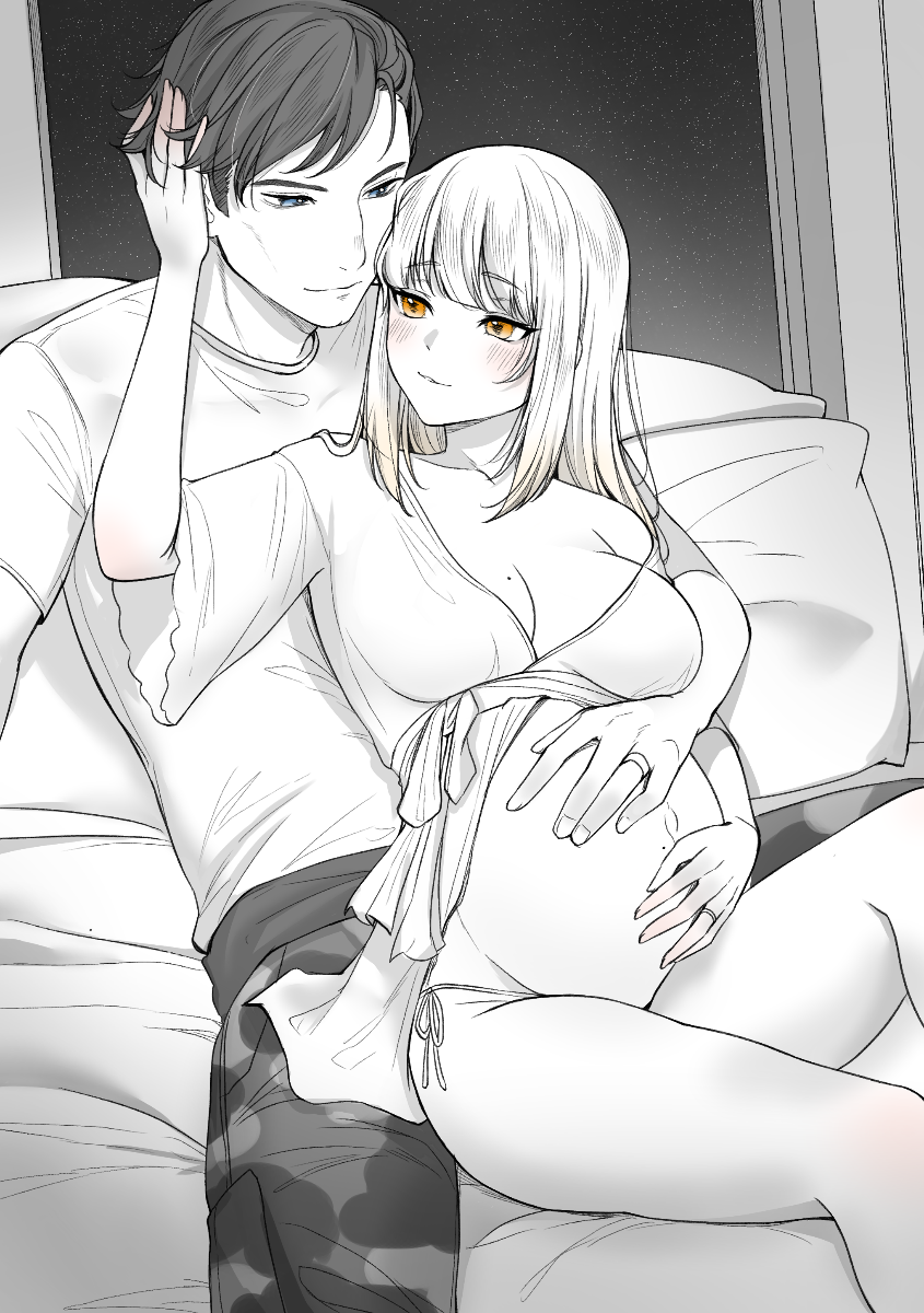 1boy, 1girls, breasts, female, hand on another's stomach, hand on belly, husband and wife, kyarotto (zenkixd), male, maternity clothes, mole on breast, monochrome, open clothes, original, pregnant, side-tie panties, sitting, sitting on lap, smile, wedding ring, wholesome, yellow eyes