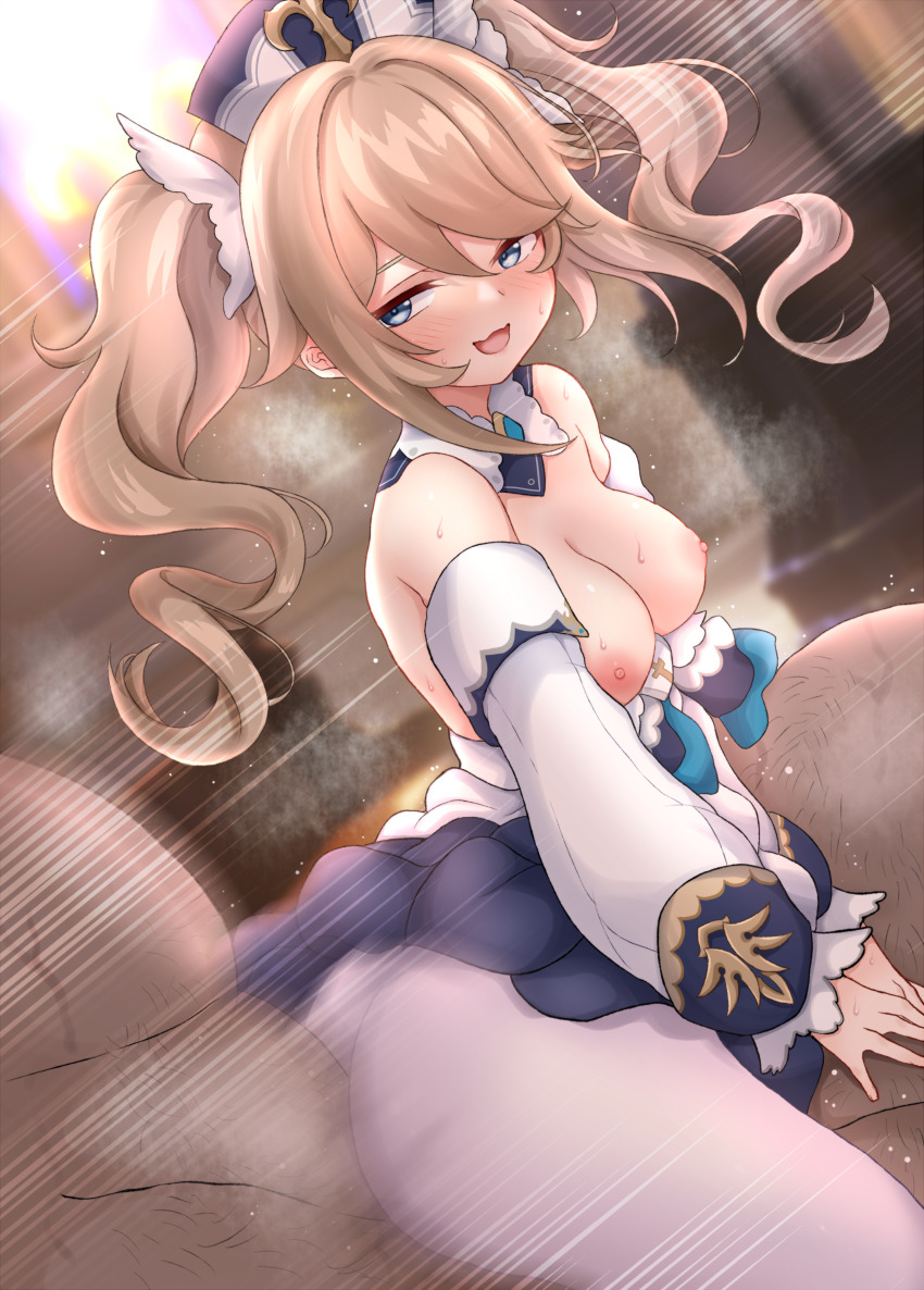 1girls, 2boys, absurdres, ass, barbara (genshin impact), bare shoulders, blonde hair, blue eyes, blush, breasts, breasts out, church, clothed female nude male, clothed sex, clothes lift, cowgirl position, daram (shappydude), double penetration, dress, drill hair, fat male, female, genshin impact, group sex, hair ornament, half-closed eyes, highres, long sleeves, lying, male, medium breasts, motion lines, multiple boys, multiple males, nipples, nude, nun, on back, open mouth, pantyhose, pussy, pussy juice, sex, skirt, skirt lift, smile, straddling, sweat, threesome, twin drills, twintails, white dress, white headwear, white legwear