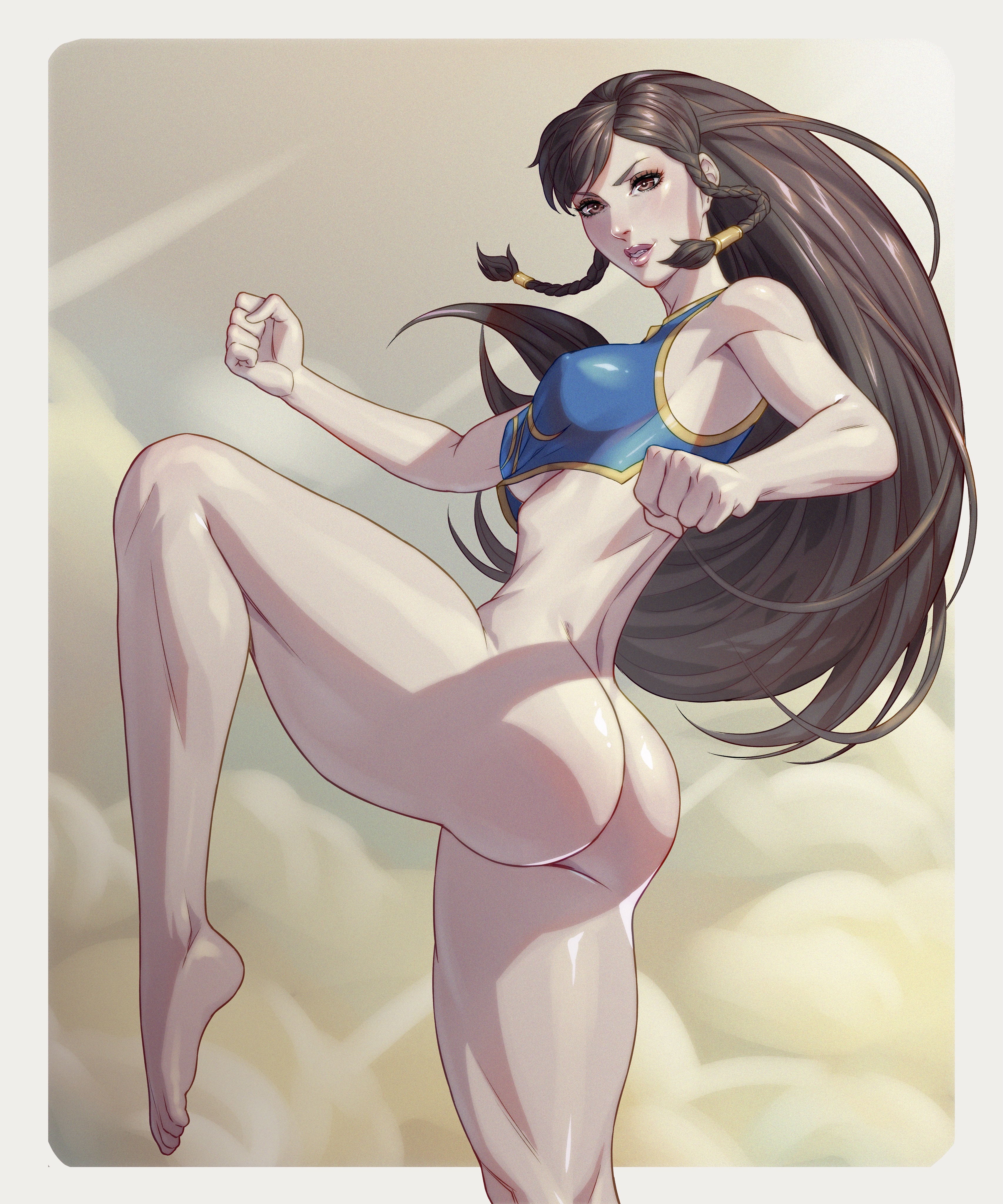 1girls, action pose, alternate hairstyle, arttoru, ass, ass focus, athletic, athletic female, big breasts, bottomless, bracelet, braids, breasts, chun-li, clouds, erect nipples, erection under clothes, female, female focus, female only, fighter, kicking, long hair, looking at viewer, nipples, skinny, solo, street fighter, thick thighs, topwear, underboob, white skin