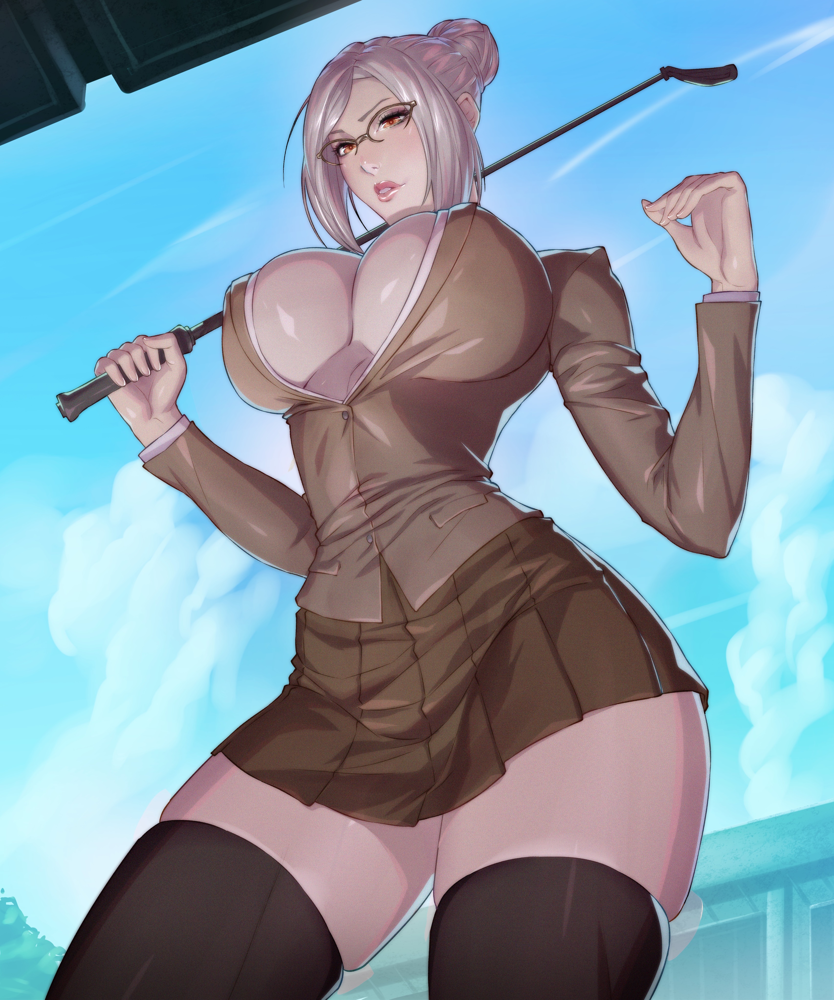 1girls, arttoru, big breasts, breasts, female, female only, glasses, holding riding crop, huge breasts, large breasts, looking at viewer, prison school, riding crop, round breasts, school uniform, shiraki meiko, slim waist, solo, thick thighs, thighhighs, viewed from below, whip, white hair