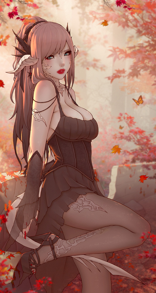 1girls, au ra, autumn, black clothing, black hair ornament, black legwear, blue eyes, blurry background, blush, butterfly, cleavage, detached sleeves, eyeshadow, female, female only, final fantasy, final fantasy xiv, hair ornament, high heels, lips, long hair, makeup, nail polish, outdoors, pantyhose, pink hair, ponytail, pose, raen, red lipstick, red nails, solo, soranamae, swept bangs, tail