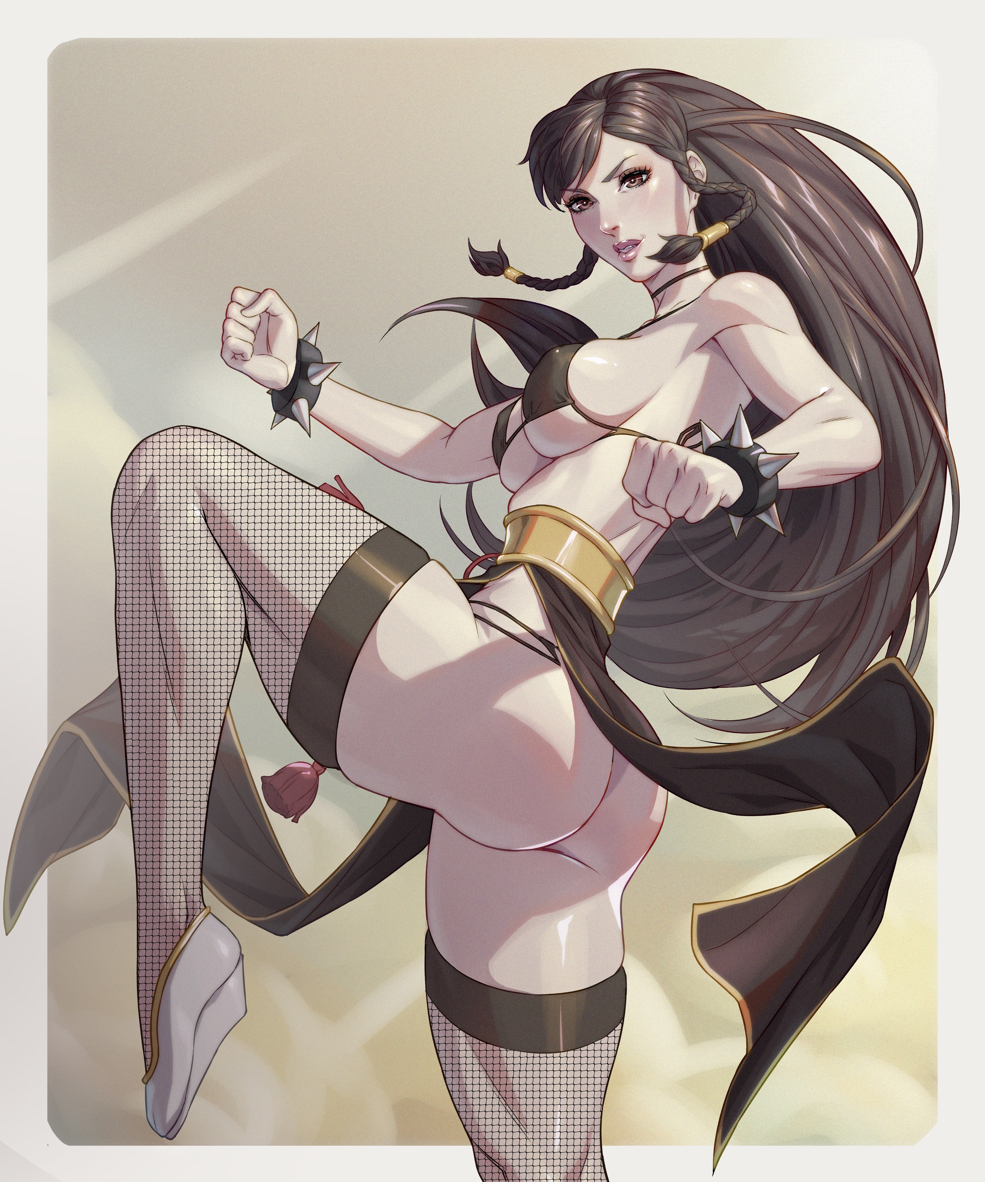 1girls, action pose, alternate costume, arttoru, ass, ass focus, athletic, athletic female, bikini top, black clothing, bracelet, braids, breasts, chun-li, chun-li (battle ouffit sfv), clouds, female, female focus, female only, grey heels, kicking, leggings, long hair, looking at viewer, skinny, solo, street fighter, thick thighs, white skin