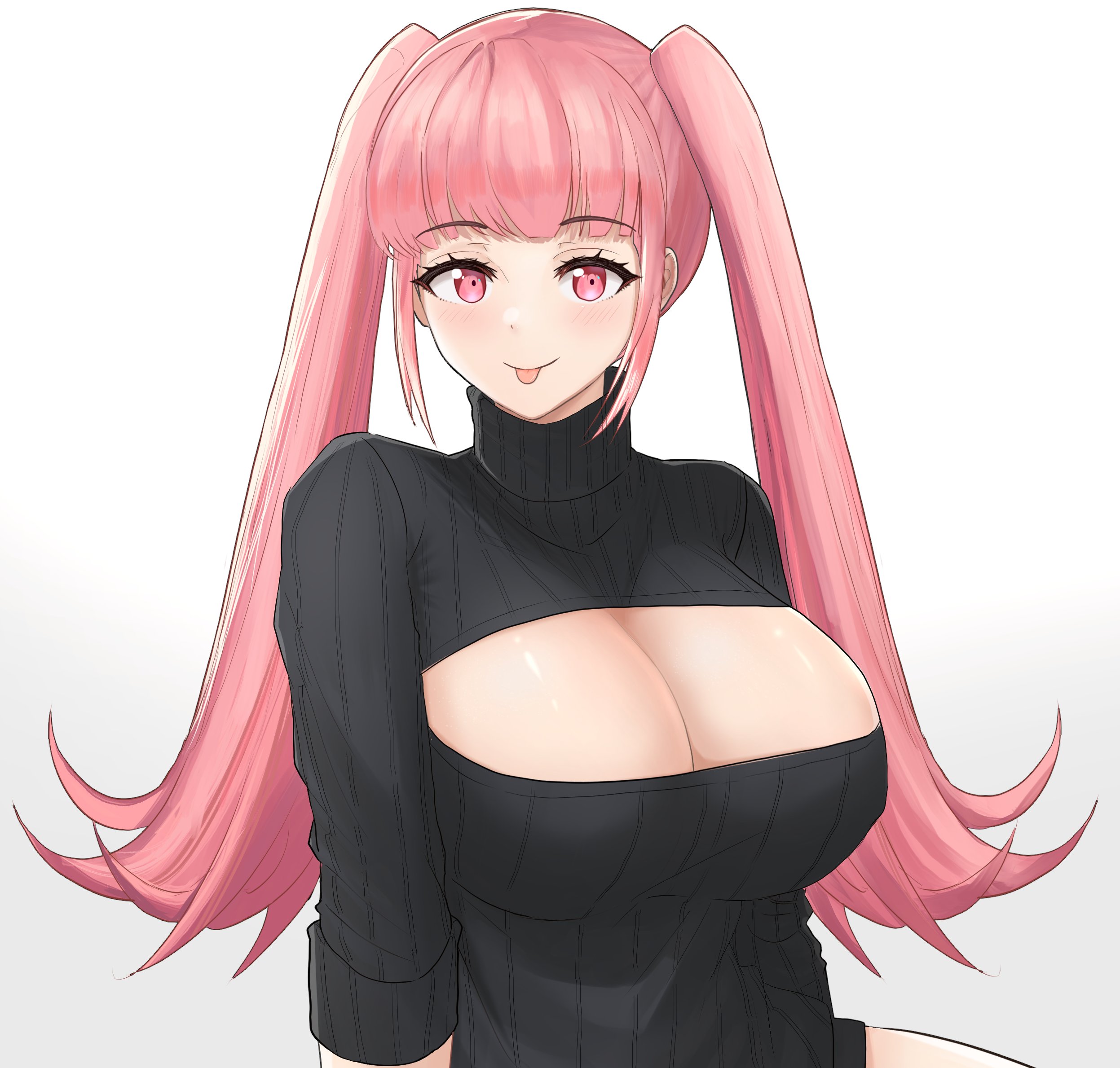 :p, 1girls, alternate costume, bangs, black sweater, blunt bangs, breasts, cleavage, cleavage cutout, closed mouth, clothing cutout, commentary, desspie, english commentary, eyebrows visible through hair, female, fire emblem, fire emblem: three houses, highres, hilda valentine goneril, large breasts, long hair, looking at viewer, meme attire, naked sweater, nintendo, open-chest sweater, pink eyes, pink hair, ribbed sweater, sidelocks, simple background, smile, solo, sweater, tongue, tongue out, turtleneck, turtleneck sweater, twintails, very long hair, white background