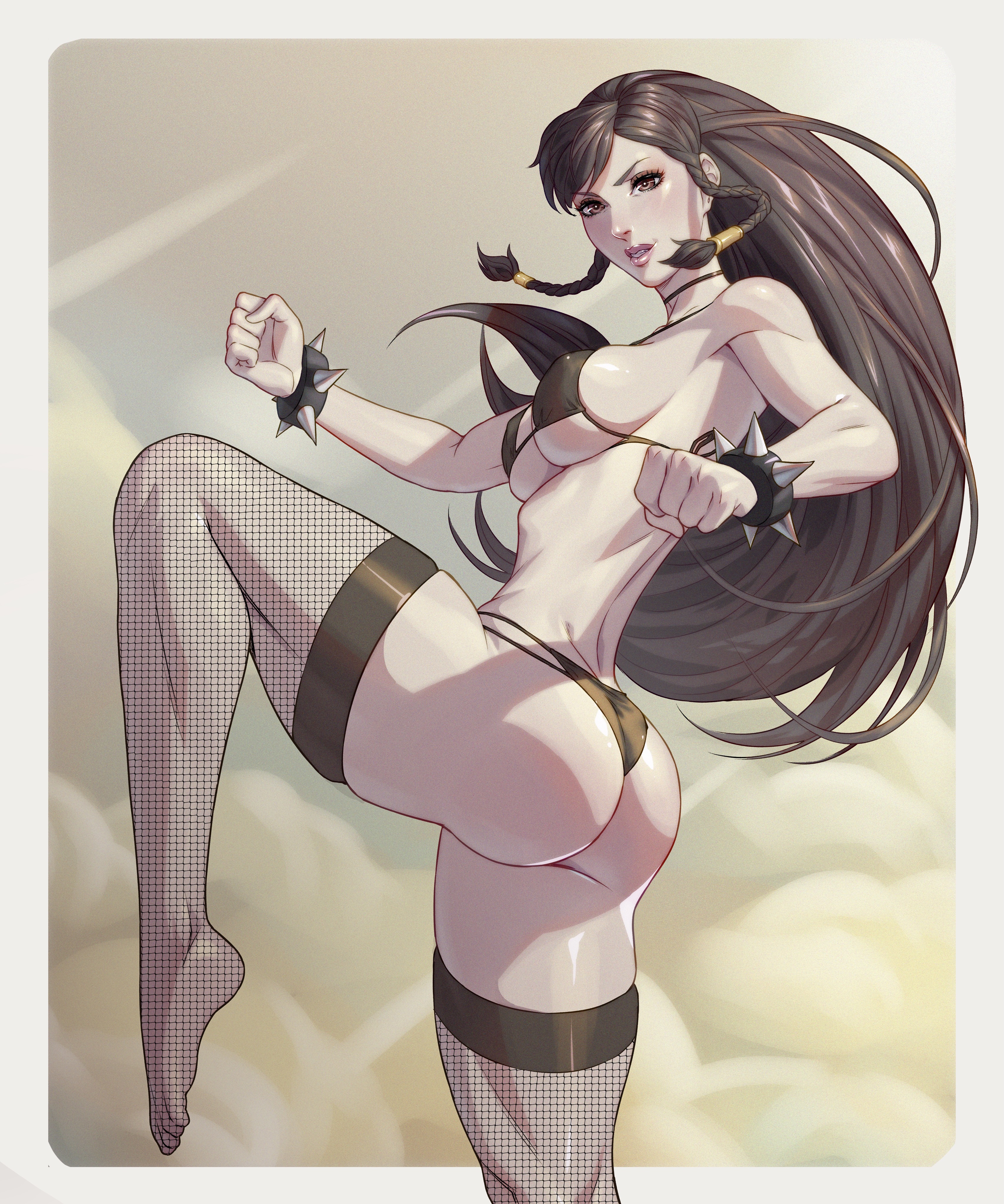 1girls, action pose, alternate costume, arttoru, ass, ass focus, athletic, athletic female, bikini, bracelet, braids, breasts, chun-li, clouds, female, female focus, female only, kicking, leggings, long hair, looking at viewer, skinny, solo, street fighter, thick thighs, white skin