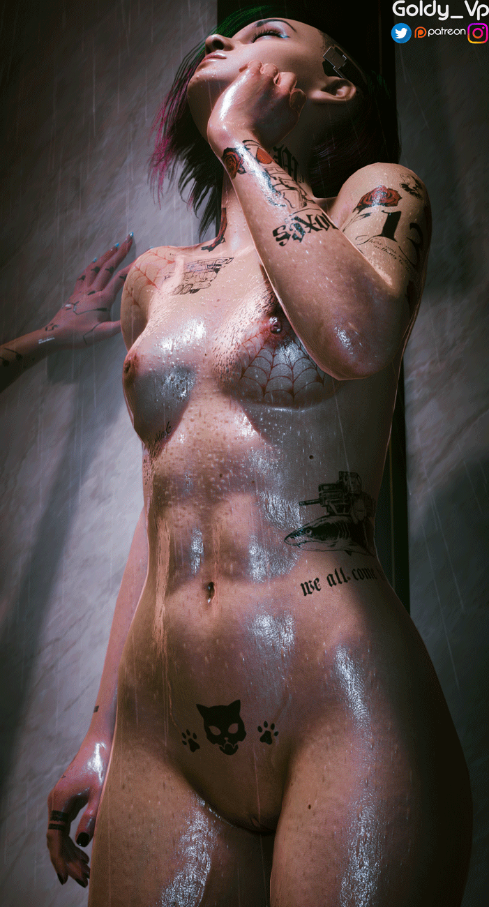 2girls, 3d, abs, ass, breasts, cgi, cyberpunk 2077, female, goldy 3d, judy alvarez, legs, naked, nude, nude female, pose, posing, pussy, shower, solo, tattoo, tattoos, yuri