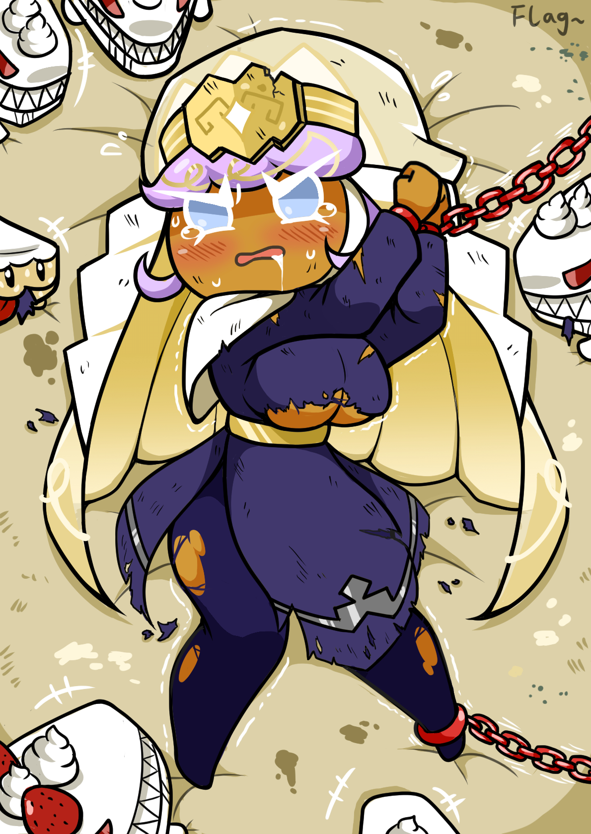 bed, blush, breasts, chained, cookie run, crying, drooling, female, flag (artist), lying, nun, pastry cookie, sweat, torn clothes, torn clothing, underboob