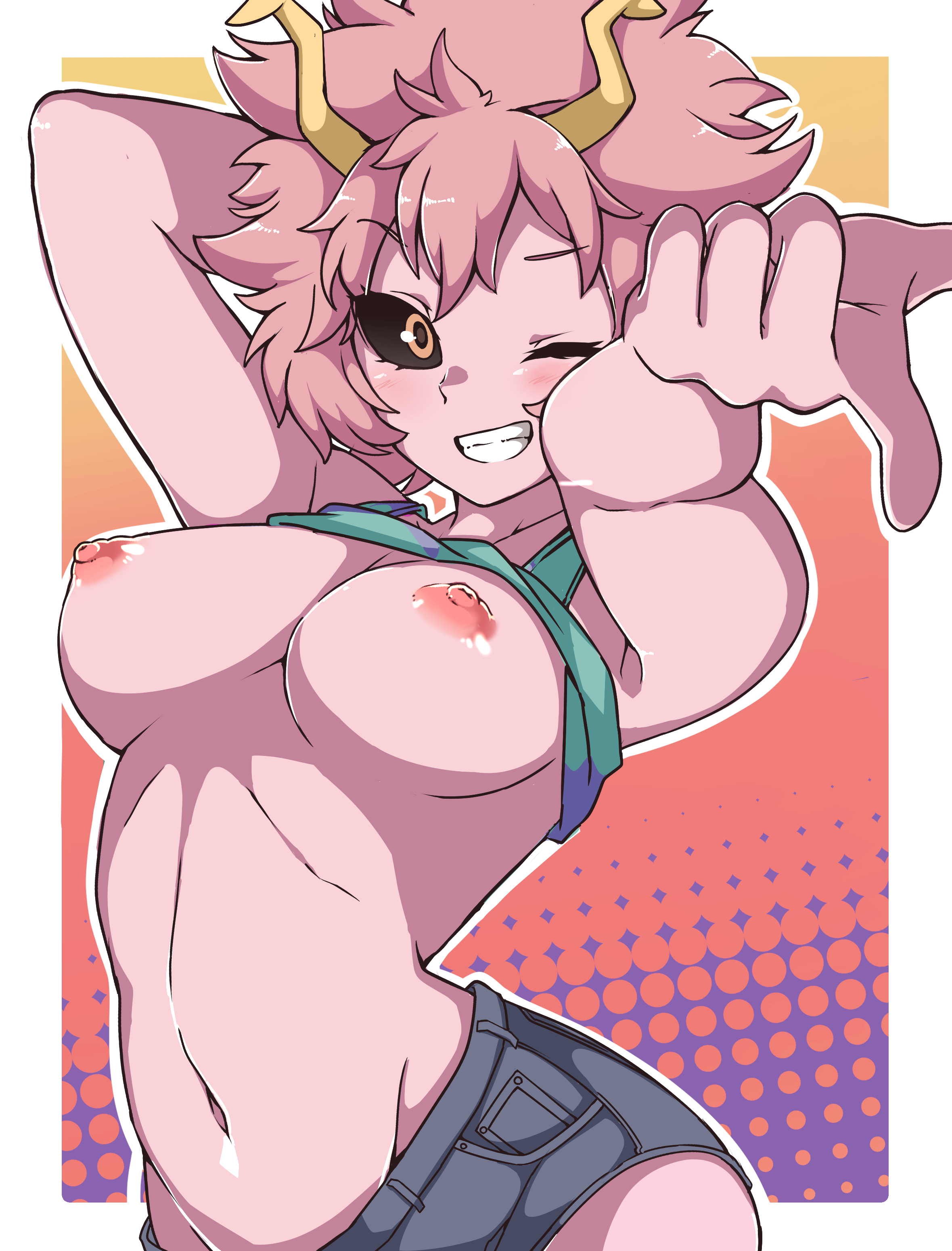 1girls, areolae, big breasts, black sclera, breasts, eye contact, female, gokuu (acoloredpencil), horns, looking at viewer, mina ashido, minishorts, my hero academia, nipples, one eye closed, pink hair, pink skin, pink-haired female, short hair, shorts, solo, standing, thick thighs, thighs, yellow eyes