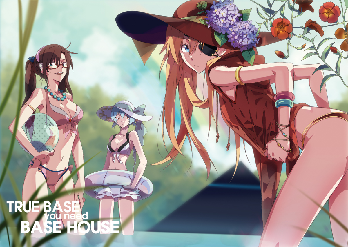 3girls, artist request, ass, asuka langley sohryu, blue hair, breasts, brown hair, clothing, eye patch, female, glasses, human, light skin, light-skinned female, long hair, looking at viewer, looking back, mari illustrious makinami, multiple females, multiple girls, neon genesis evangelion, orange hair, pale skin, pale-skinned female, rebuild of evangelion, rei ayanami, short hair, swimsuit