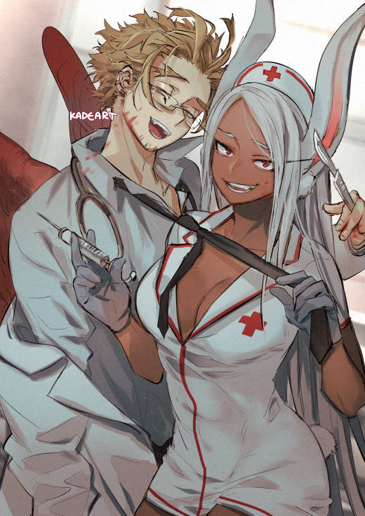 1boy 1boy1girl 1girls animal_ears blonde_hair bunny_ears bunny_girl cleavage cosplay costume dark-skinned_female doctor female glasses gloves halloween hawks_(my_hero_academia) kadeart keigo_takami long_hair male miruko my_hero_academia nurse nurse_cap nurse_uniform pulling_tie rabbit_ears rabbit_girl rabbit_humanoid red_eyes red_wings rumi_usagiyama short_skirt smirk straight tie_pull white_hair winged_humanoid wings