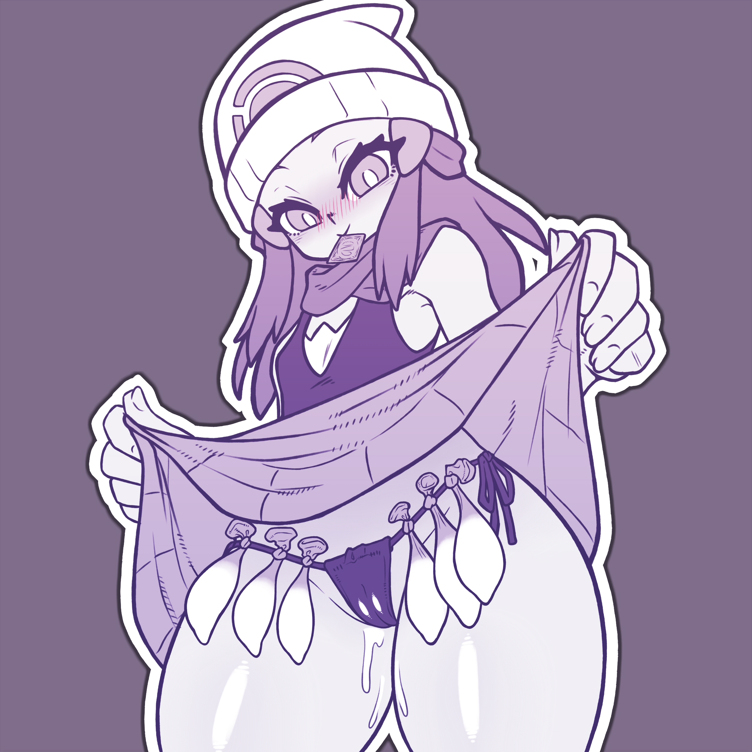 1girls, blush, cameltoe, condom, condom balloon, condom belt, dawn (pokemon), eye contact, female, filled condom, genital fluids, kaikoinu, long hair, looking at viewer, monochrome, nintendo, pokemon, pokemon dppt, pussy, skirt lift, solo, used condom