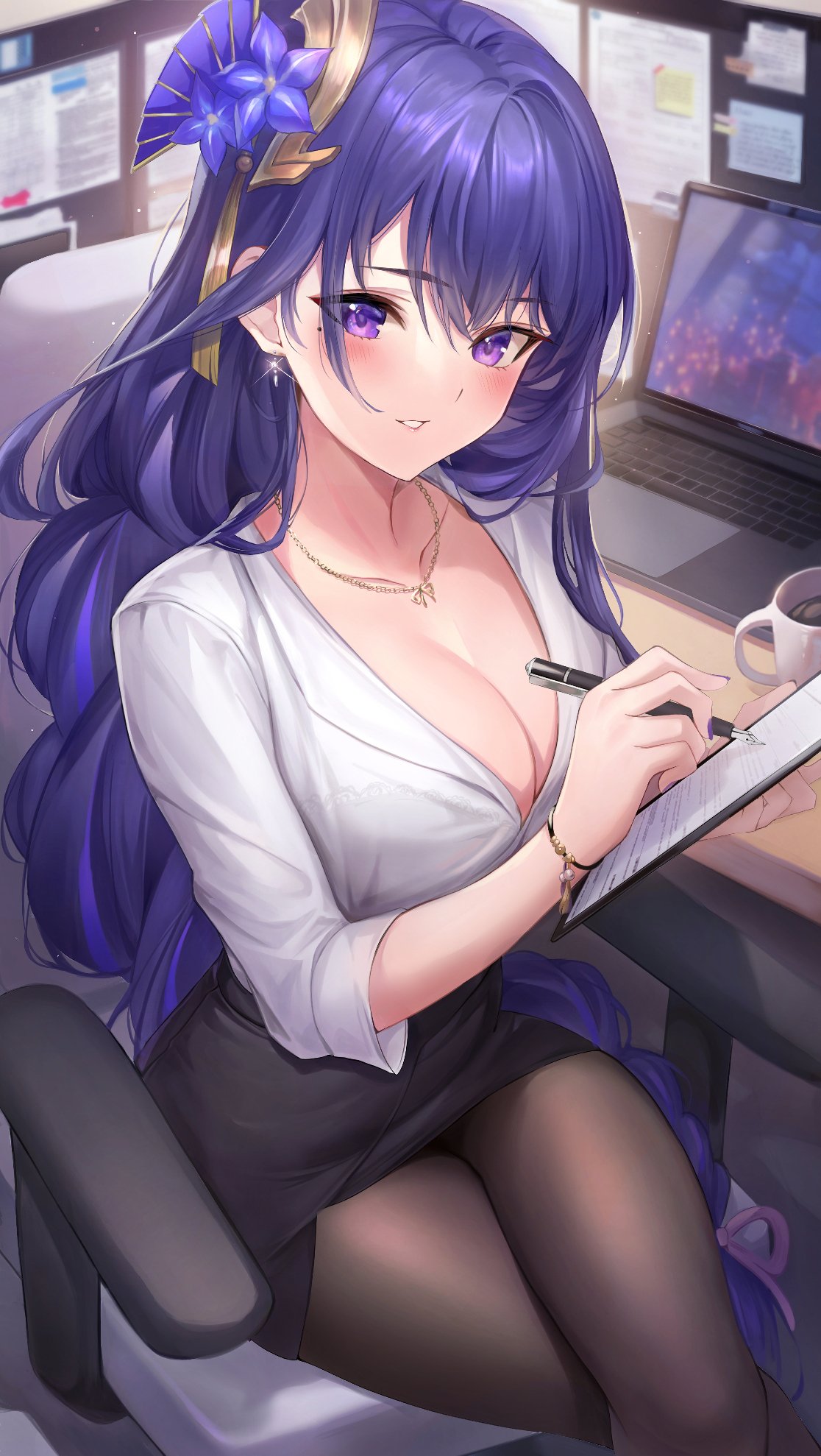 1girls, 2021, beauty mark, black skirt, blush, bracelet, braided hair, breasts, cleavage, crossed legs, detailed background, doco (doco3811), doco3811, ear piercing, female, female focus, female only, genshin impact, hair ornament, holding object, huge breasts, indoors, jewelry, long hair, looking at viewer, mole under eye, necklace, office, office lady, pantyhose, purple eyes, purple hair, raiden shogun, very long hair, white shirt, writing