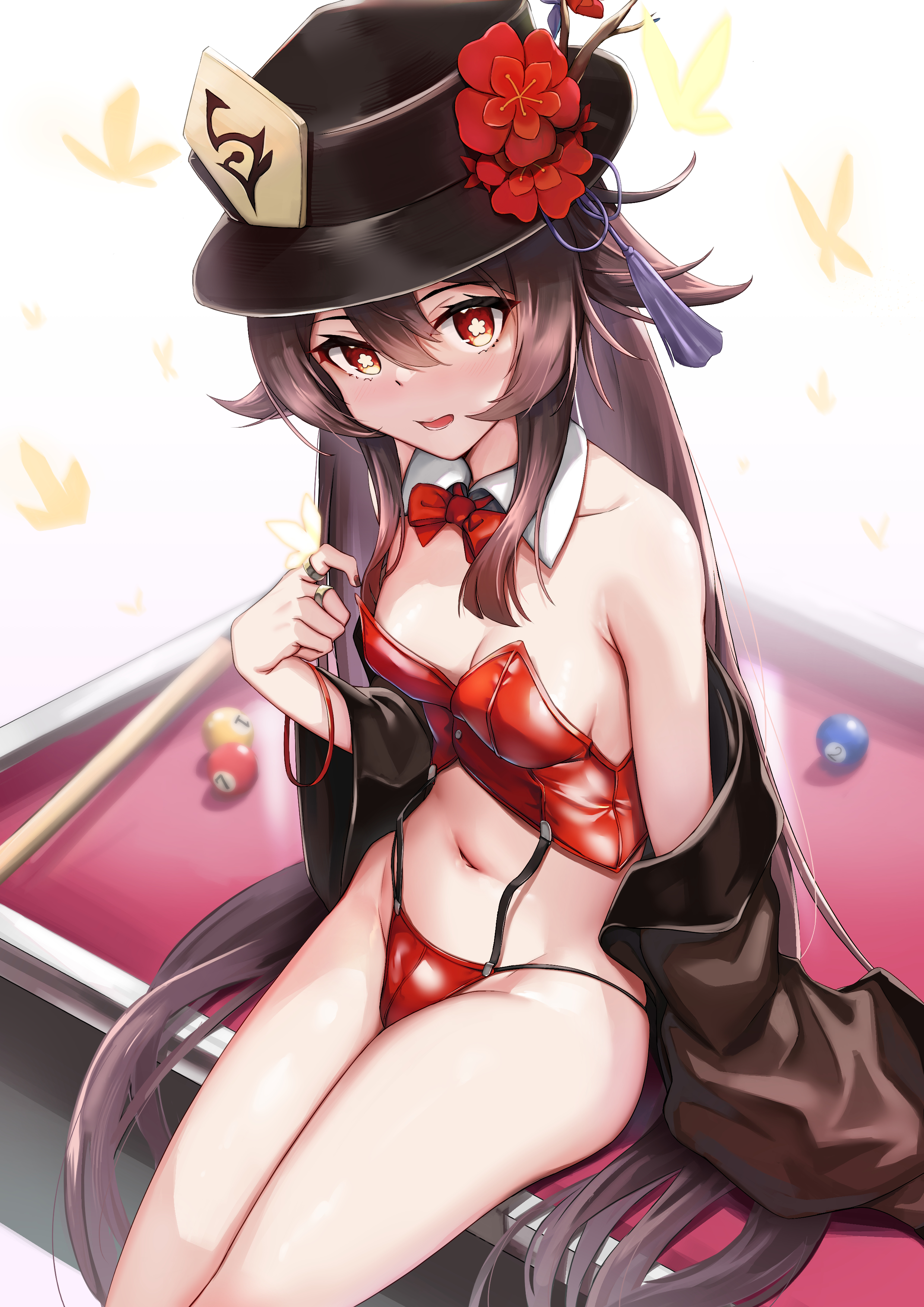 1girls, barefoot, billiard table, billiards, black coat, blush, bow, breasts, brown hair, cleavage, coat, female, genshin impact, hat, hi res, hu tao (genshin impact), leotard, looking at viewer, navel, off shoulder, open coat, playboy bunny, red eyes, revealing clothes, shiny clothes, sitting, skai kun, small breasts, thighs, top hat, twintails