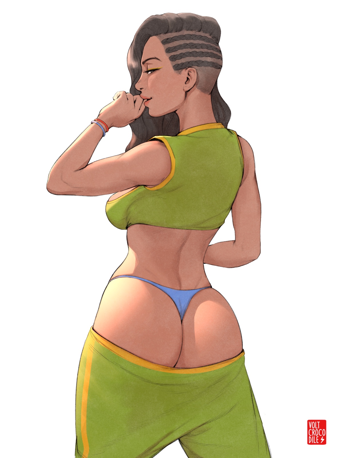 1girls, ass, ass crack, back view, blush, brazilian, brazilian female, breasts, brown hair, butt crack, capcom, cornrows, crop top, dark skin, dark-skinned female, female, female only, laura matsuda, long hair, looking at viewer, panties, seductive look, sleeveless, solo, street fighter, thong, volt crocodile, white background